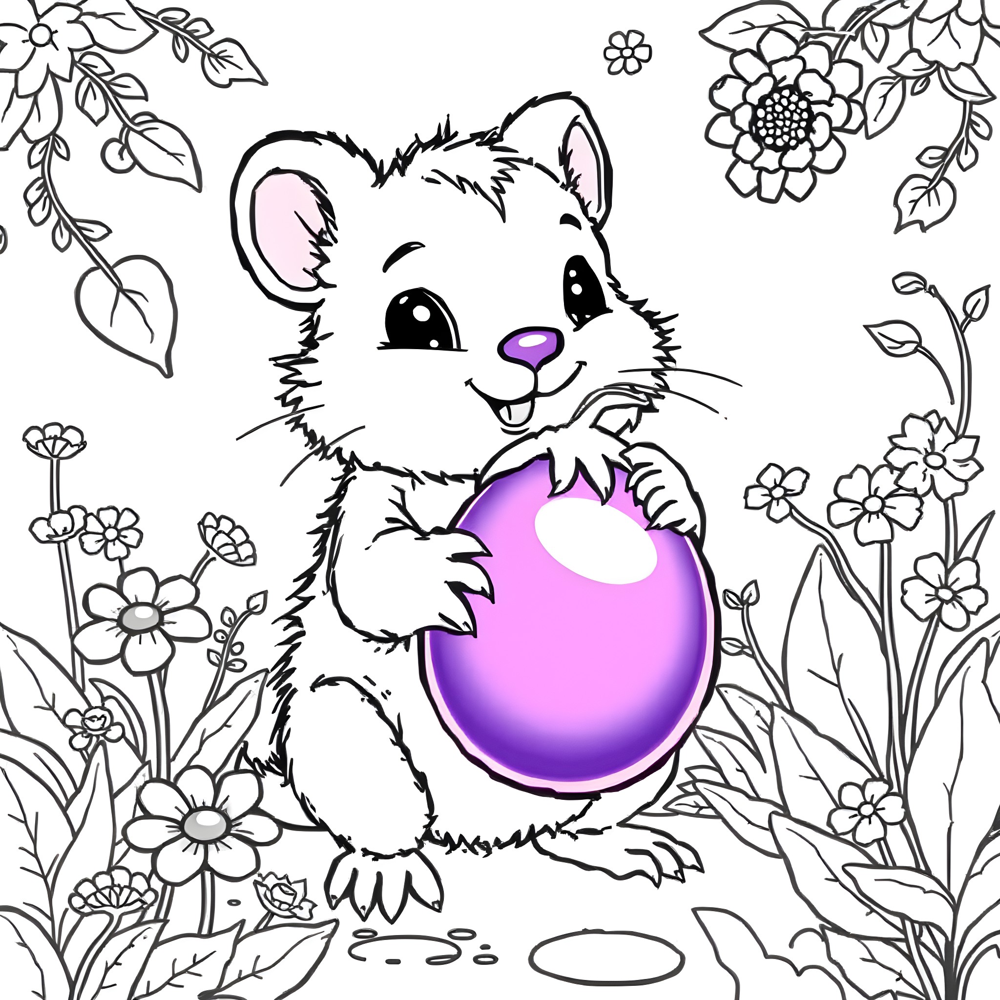 Cokie the Fuzzy Hamster's Playful Encounter Coloring Page (free black-and-white line drawing printable PDF for all, from beginners to advanced learners, including children, teens, adults, and seniors)