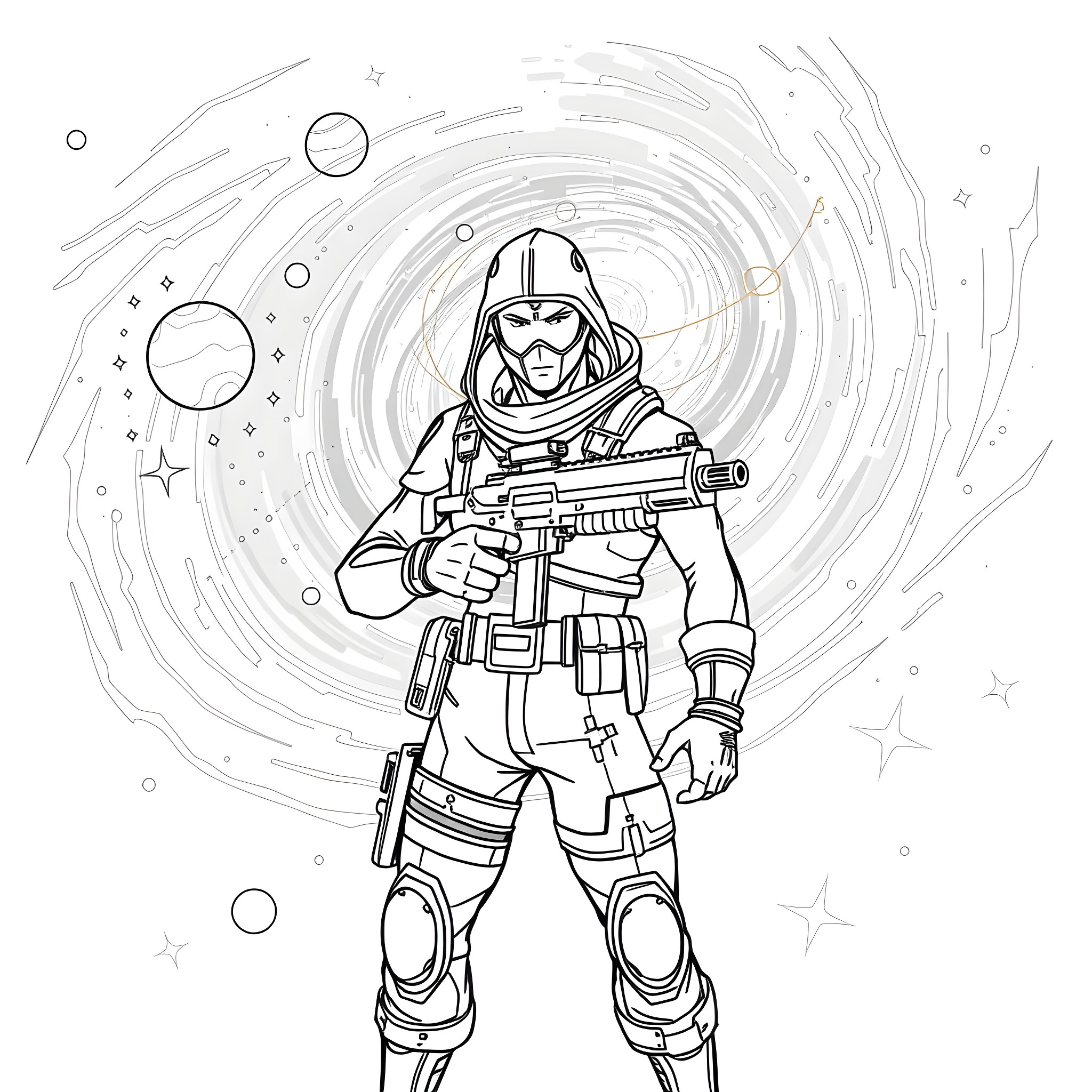 Fortnite character in space-themed outfit and gear Coloring Page (free black-and-white line drawing printable PDF for all, from beginners to advanced learners, including children, teens, adults, and seniors)
