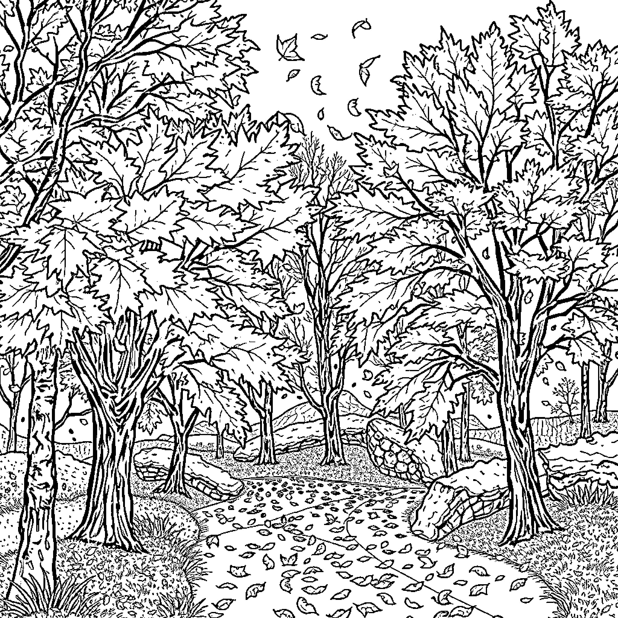 Fall Forest Path with Falling Leaves Coloring Page (free black-and-white line drawing printable PDF for all, from beginners to advanced learners, including children, teens, adults, and seniors)