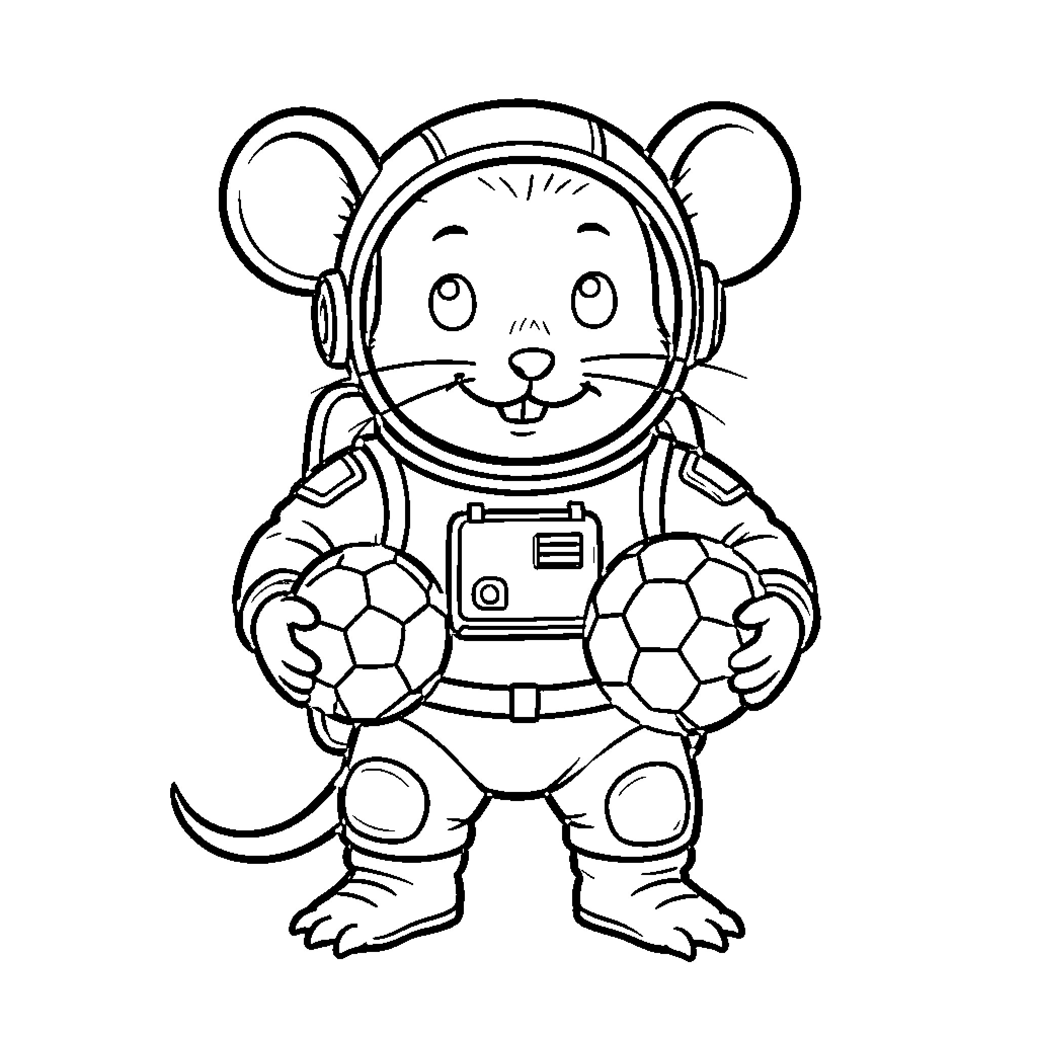 Astronaut Mouse playing with soccer balls Coloring Page (free black-and-white line drawing printable PDF for all, from beginners to advanced learners, including children, teens, adults, and seniors)