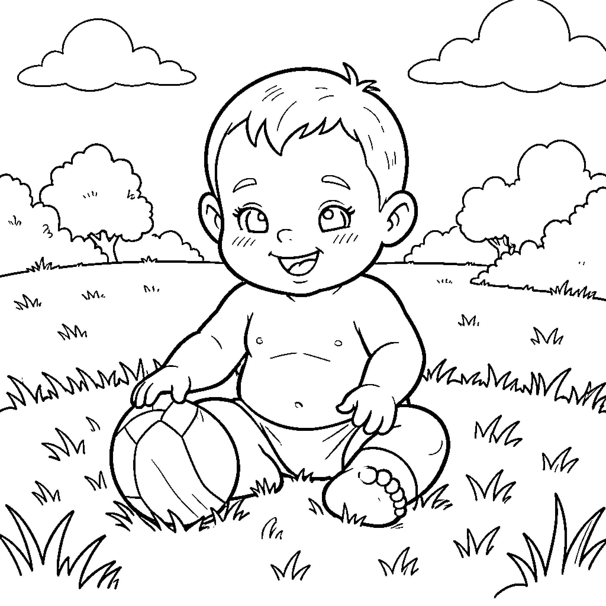 Baby sitting in the grass playing with a ball Coloring Page (free black-and-white line drawing printable PDF for all, from beginners to advanced learners, including children, teens, adults, and seniors)