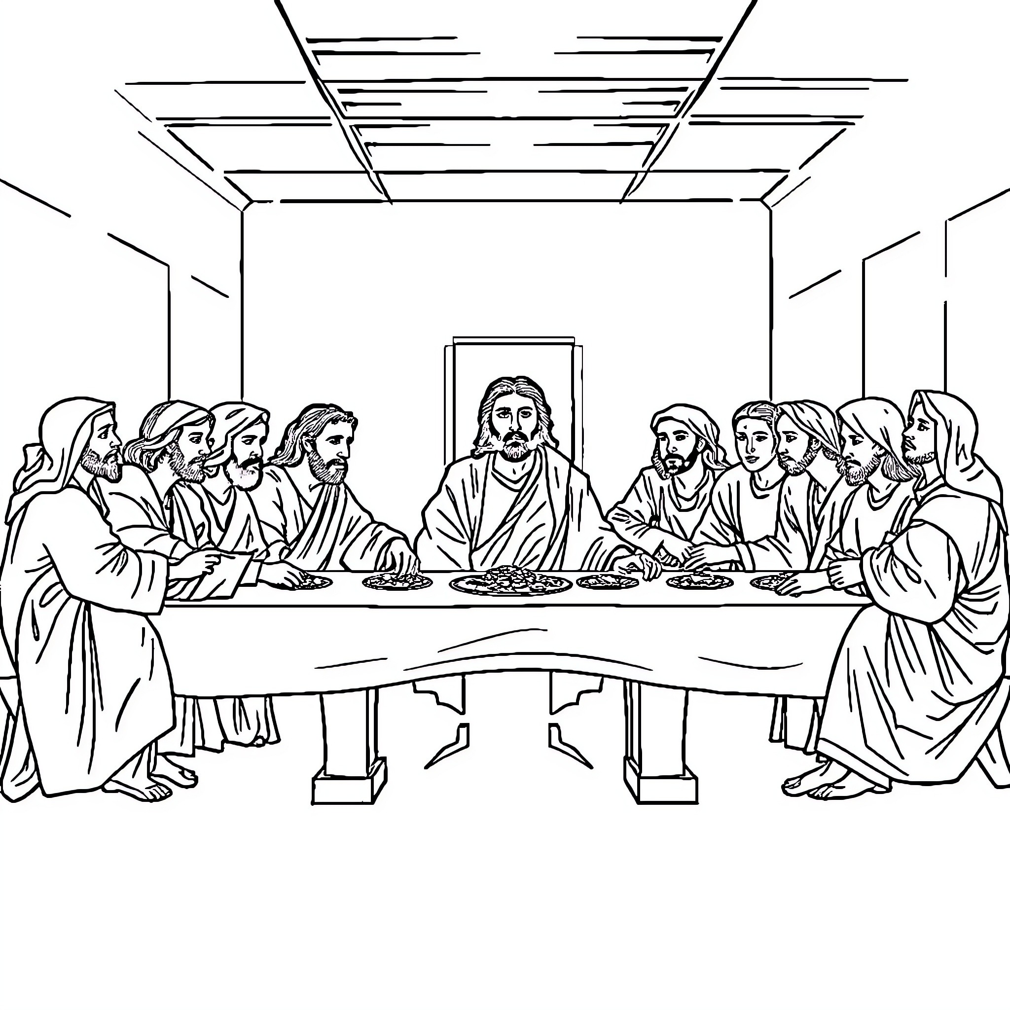 Last Supper with Disciples Gathered Around Jesus Coloring Page (free black-and-white line drawing printable PDF for all, from beginners to advanced learners, including children, teens, adults, and seniors)