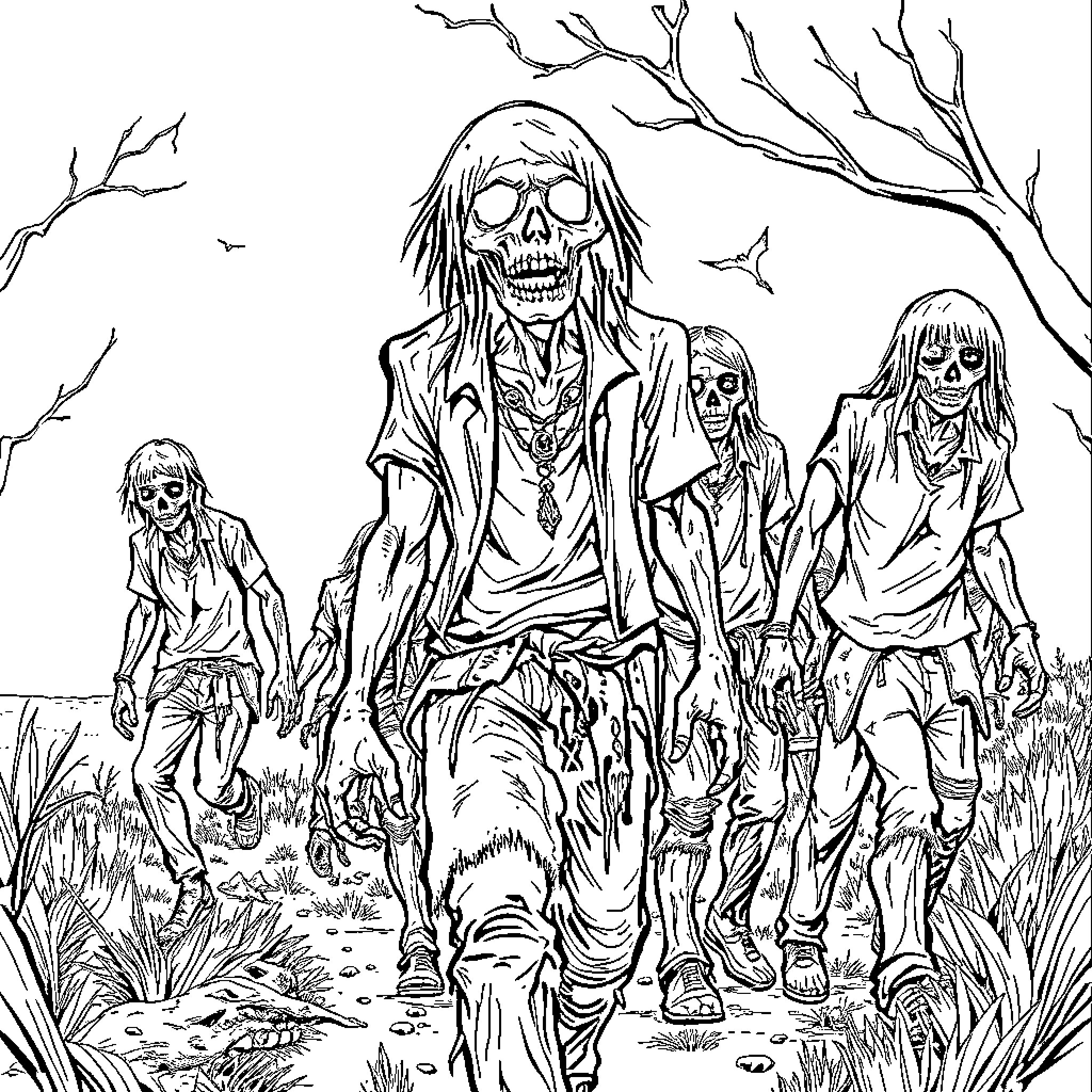 Zombie horde advancing through the desolate landscape Coloring Page (free black-and-white line drawing printable PDF for all, from beginners to advanced learners, including children, teens, adults, and seniors)