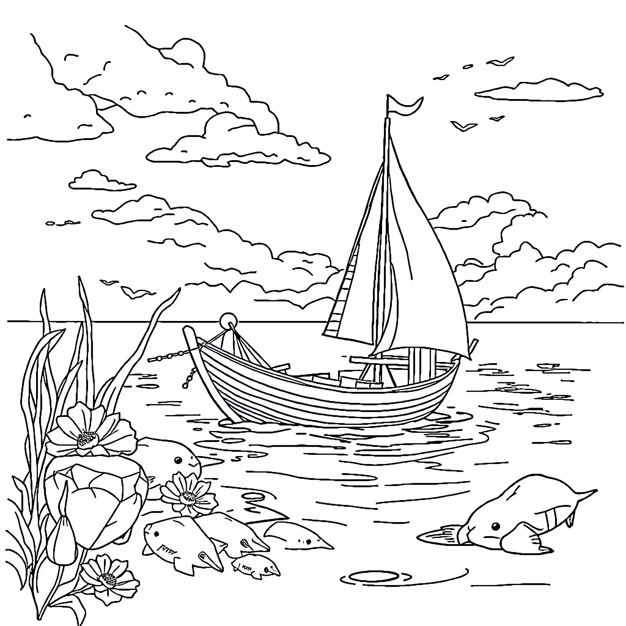 Ocean Sail Boats and Marine Life Coloring Page (free black-and-white line drawing printable PDF for all, from beginners to advanced learners, including children, teens, adults, and seniors)
