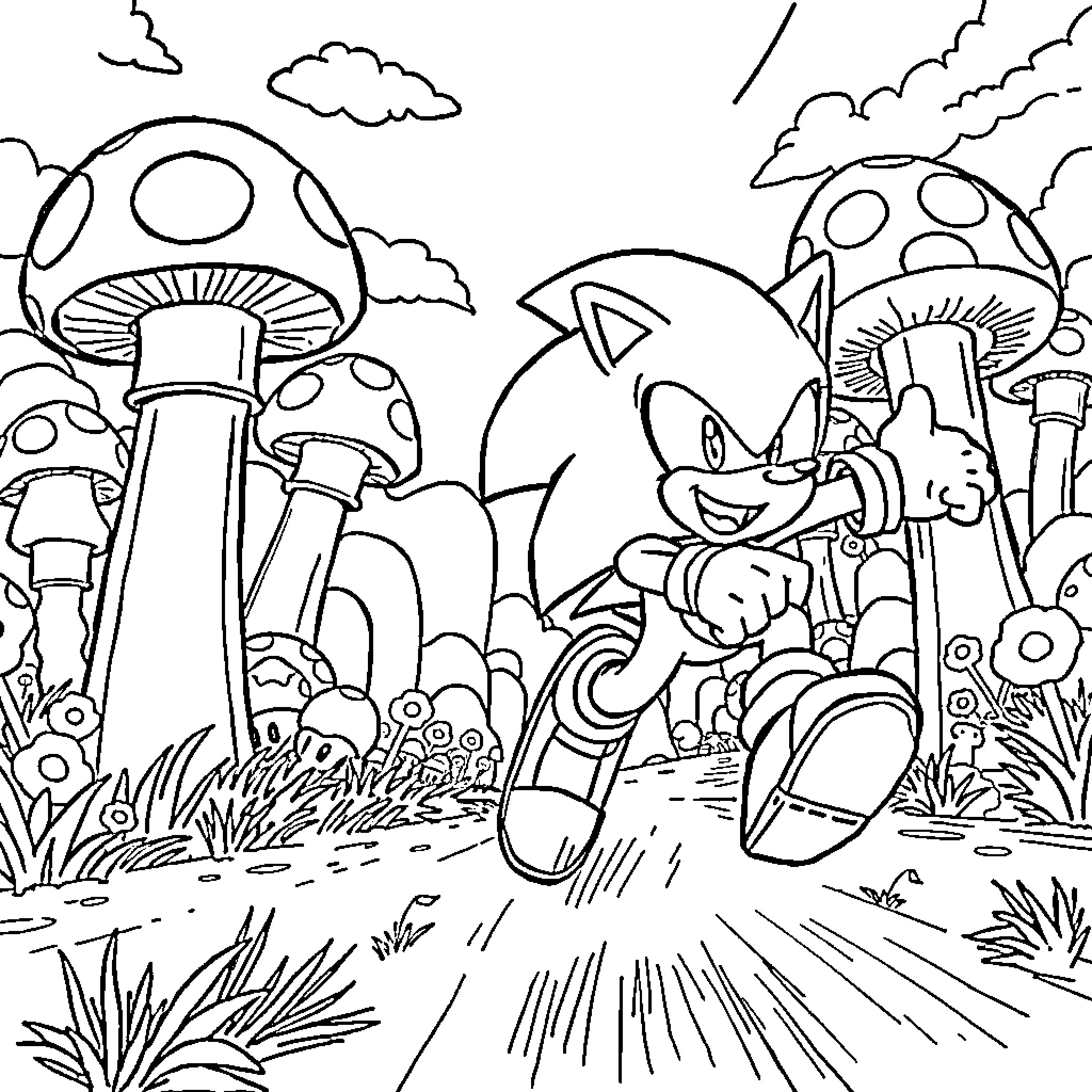 Sonic's Whimsical Adventure in the Mushroom Kingdom Coloring Page (free black-and-white line drawing printable PDF for all, from beginners to advanced learners, including children, teens, adults, and seniors)