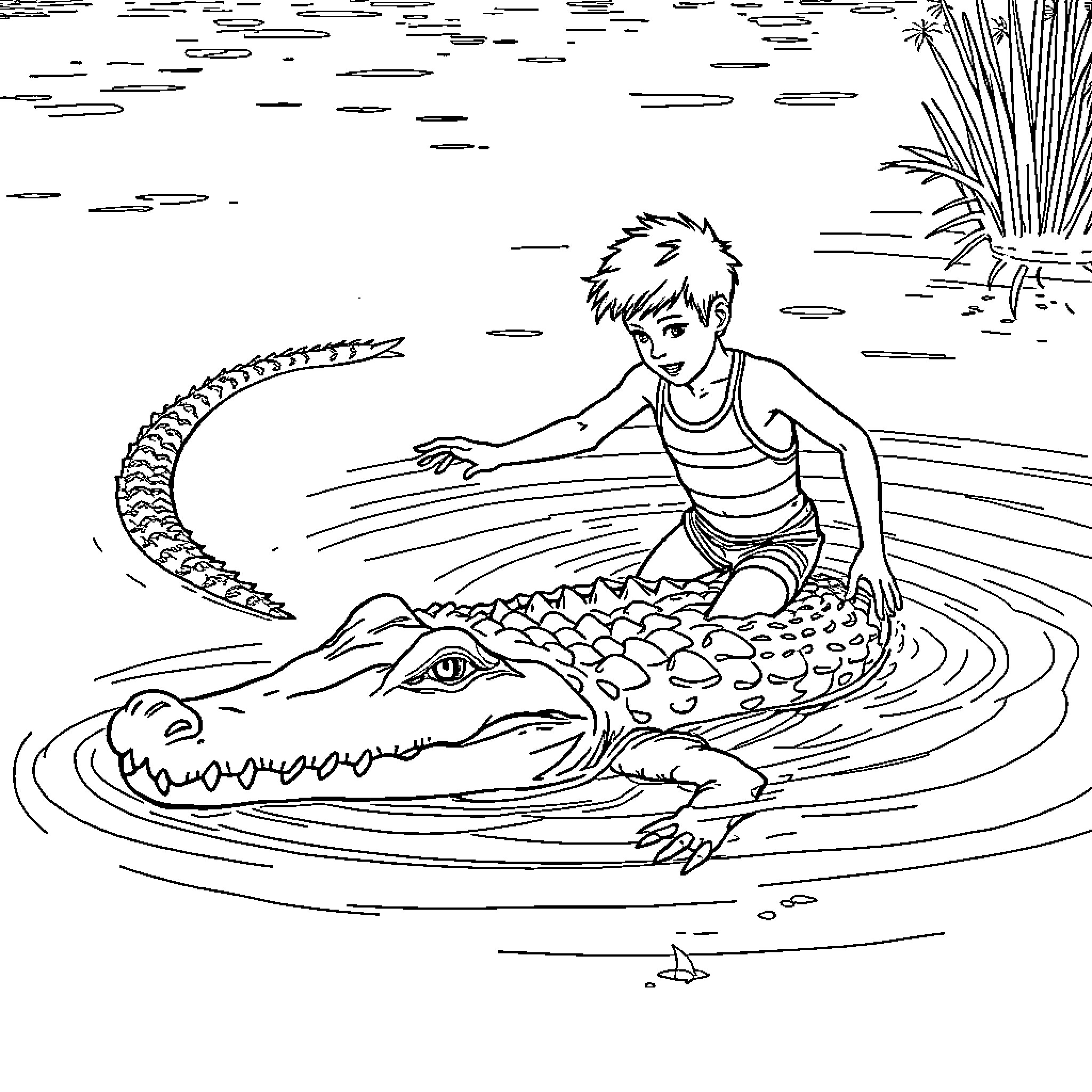 Boy adventuring with crocodile in the swamp Coloring Page (free black-and-white line drawing printable PDF for all, from beginners to advanced learners, including children, teens, adults, and seniors)