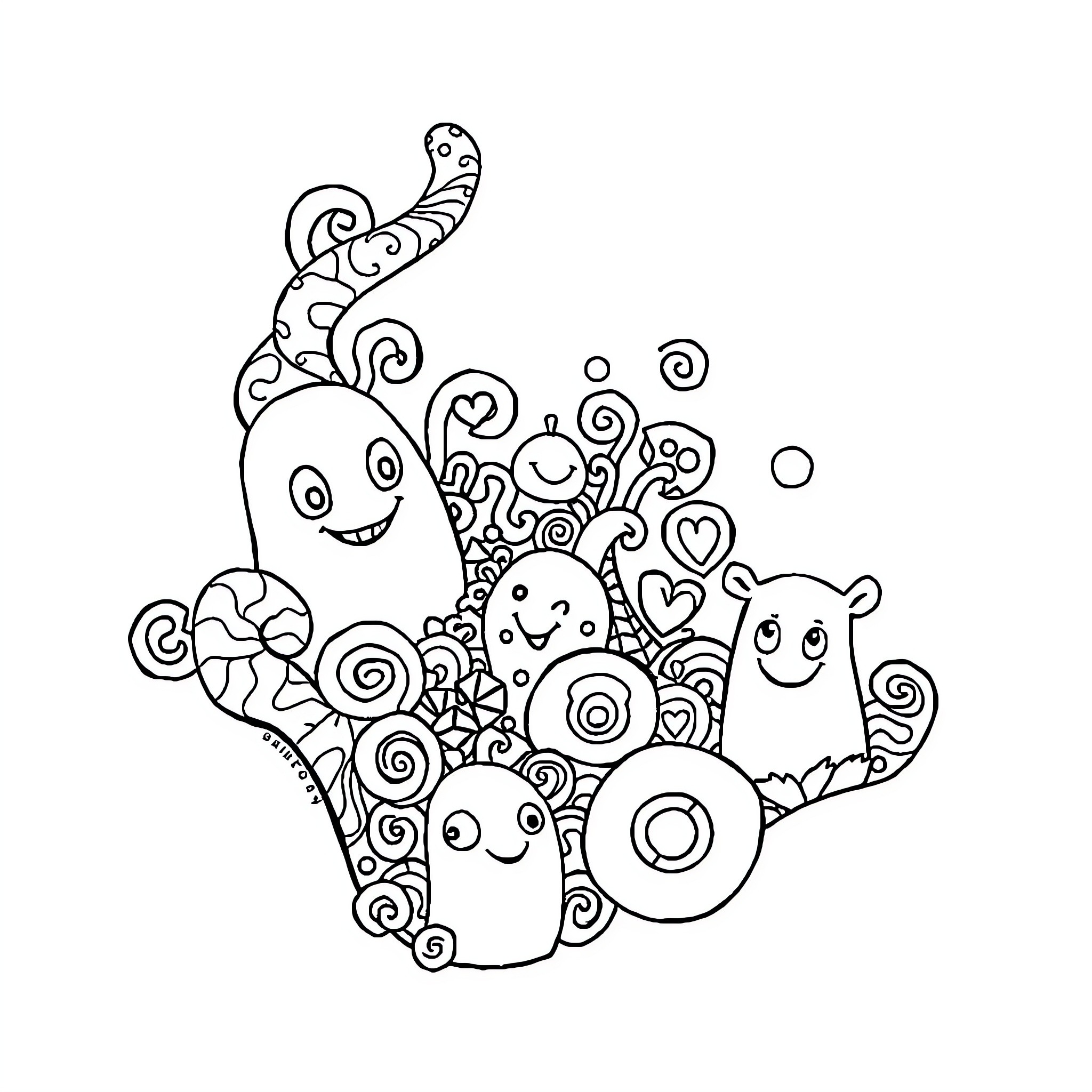 Doodle of whimsical characters in playful scene Coloring Page (free black-and-white line drawing printable PDF for all, from beginners to advanced learners, including children, teens, adults, and seniors)