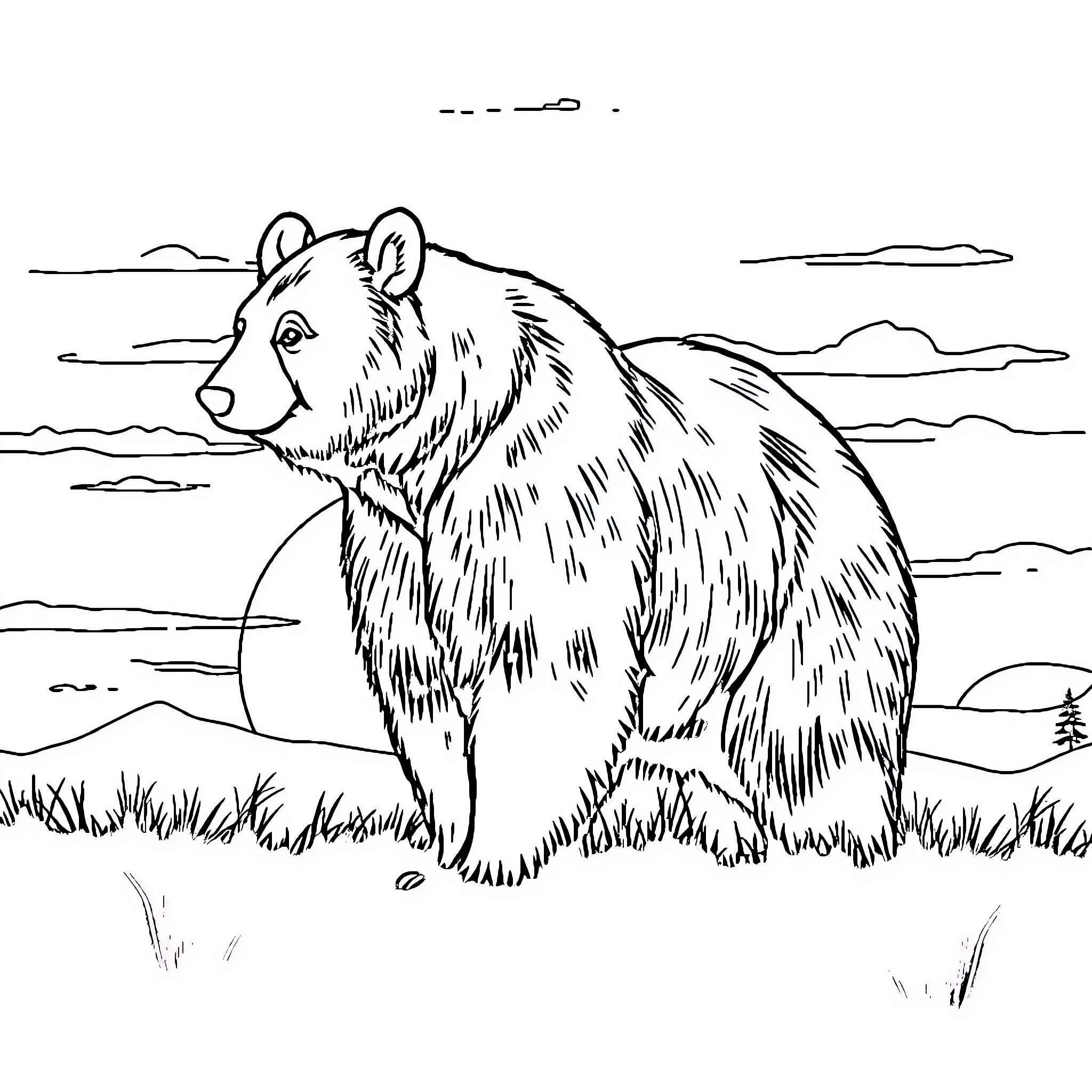 Oso enjoying the wilderness landscape Coloring Page (free black-and-white line drawing printable PDF for all, from beginners to advanced learners, including children, teens, adults, and seniors)