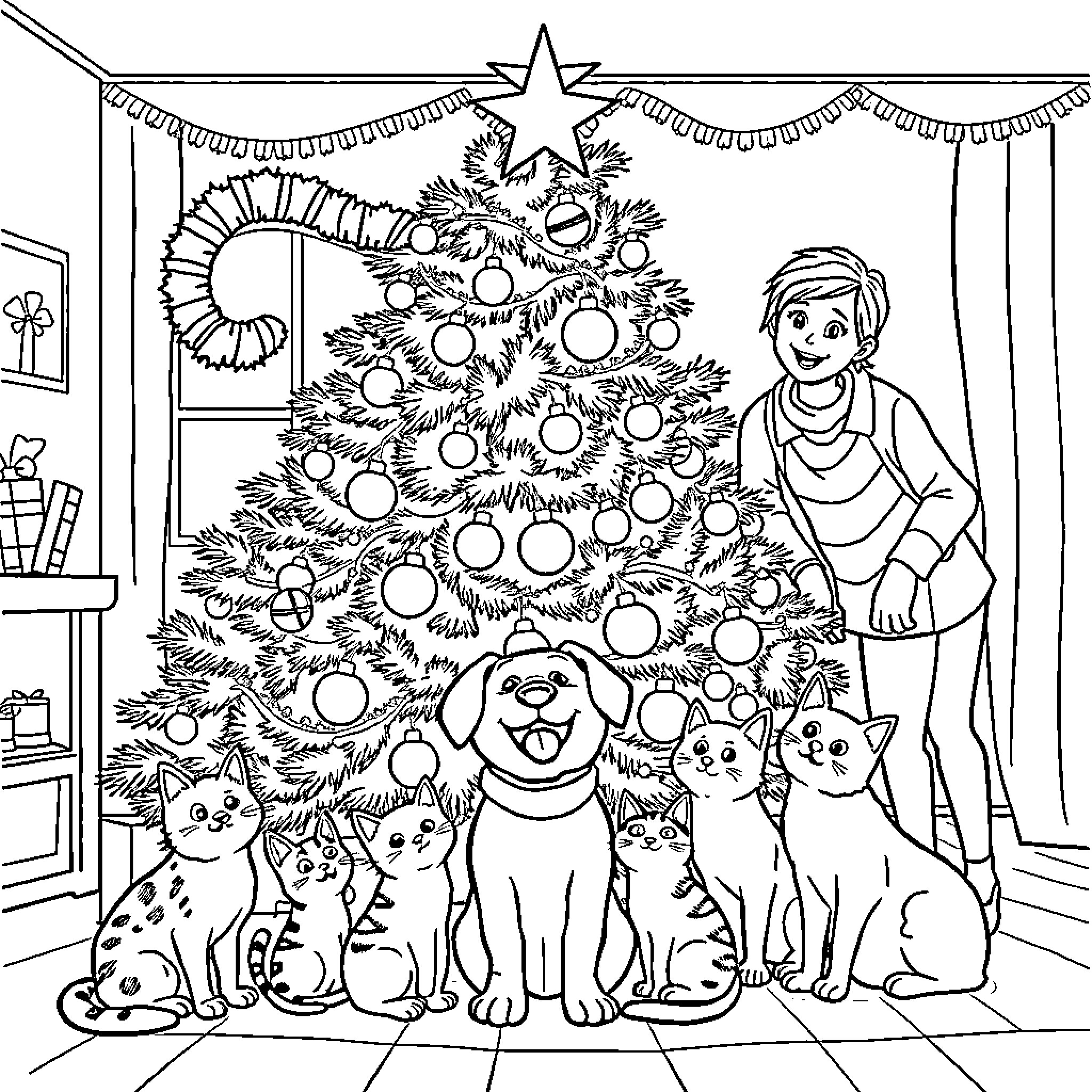 Dog and Pets Enjoying Christmas Tree Coloring Page (free black-and-white line drawing printable PDF for all, from beginners to advanced learners, including children, teens, adults, and seniors)