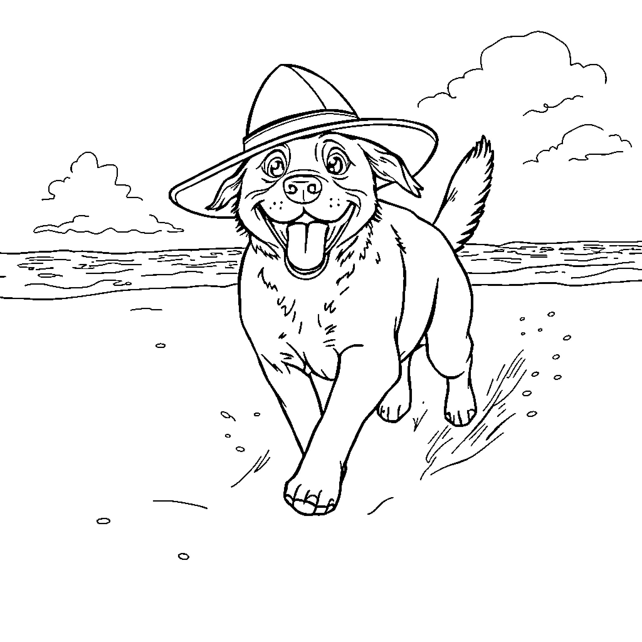 Dog enjoying a beach day in the sun Coloring Page (free black-and-white line drawing printable PDF for all, from beginners to advanced learners, including children, teens, adults, and seniors)