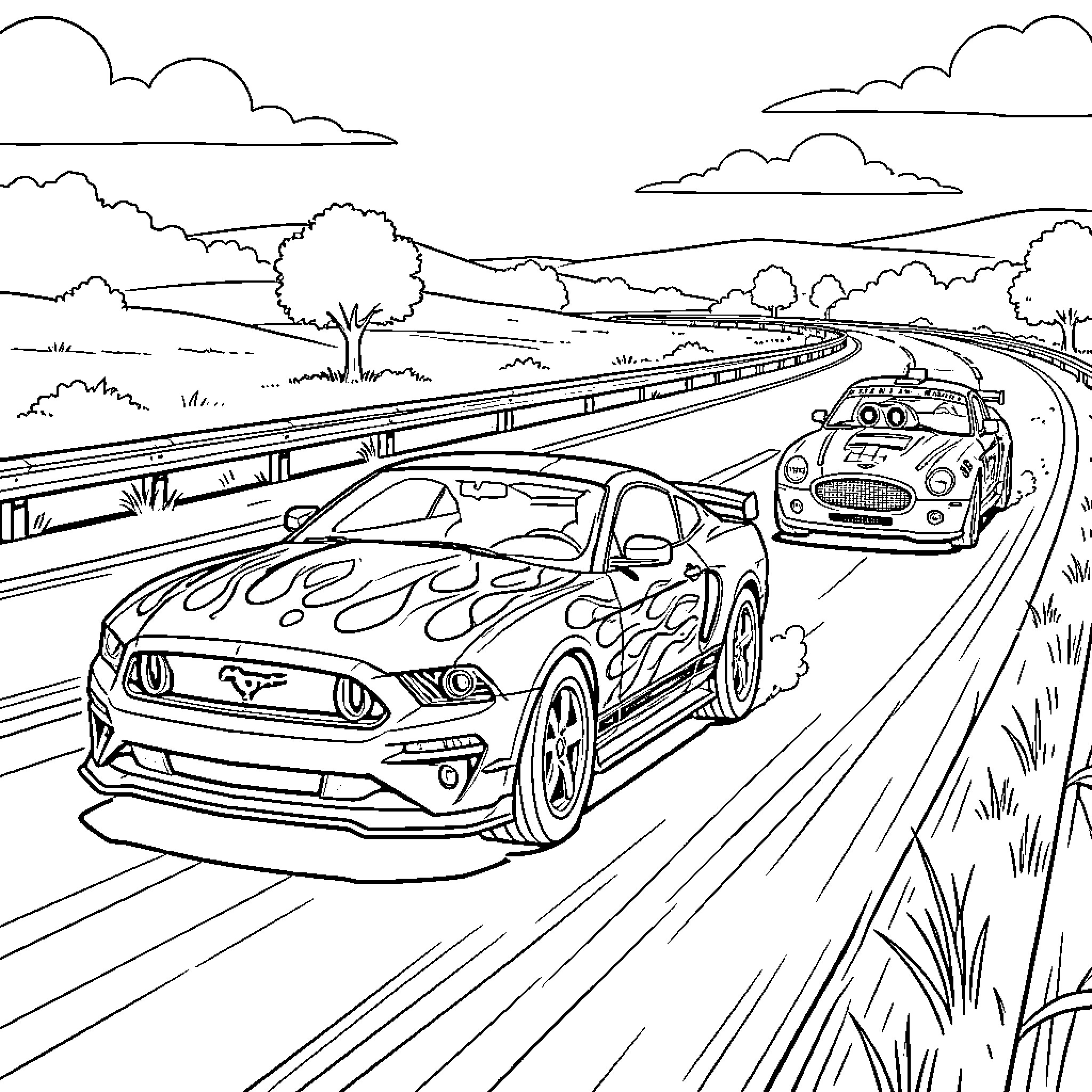 Ford Mustang racing on a winding mountain road Coloring Page (free black-and-white line drawing printable PDF for all, from beginners to advanced learners, including children, teens, adults, and seniors)