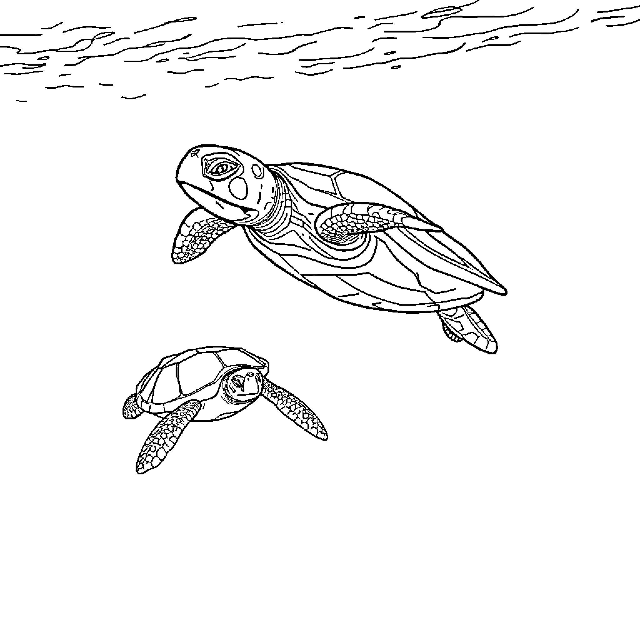 Turtle swimming gracefully in the ocean Coloring Page (free black-and-white line drawing printable PDF for all, from beginners to advanced learners, including children, teens, adults, and seniors)
