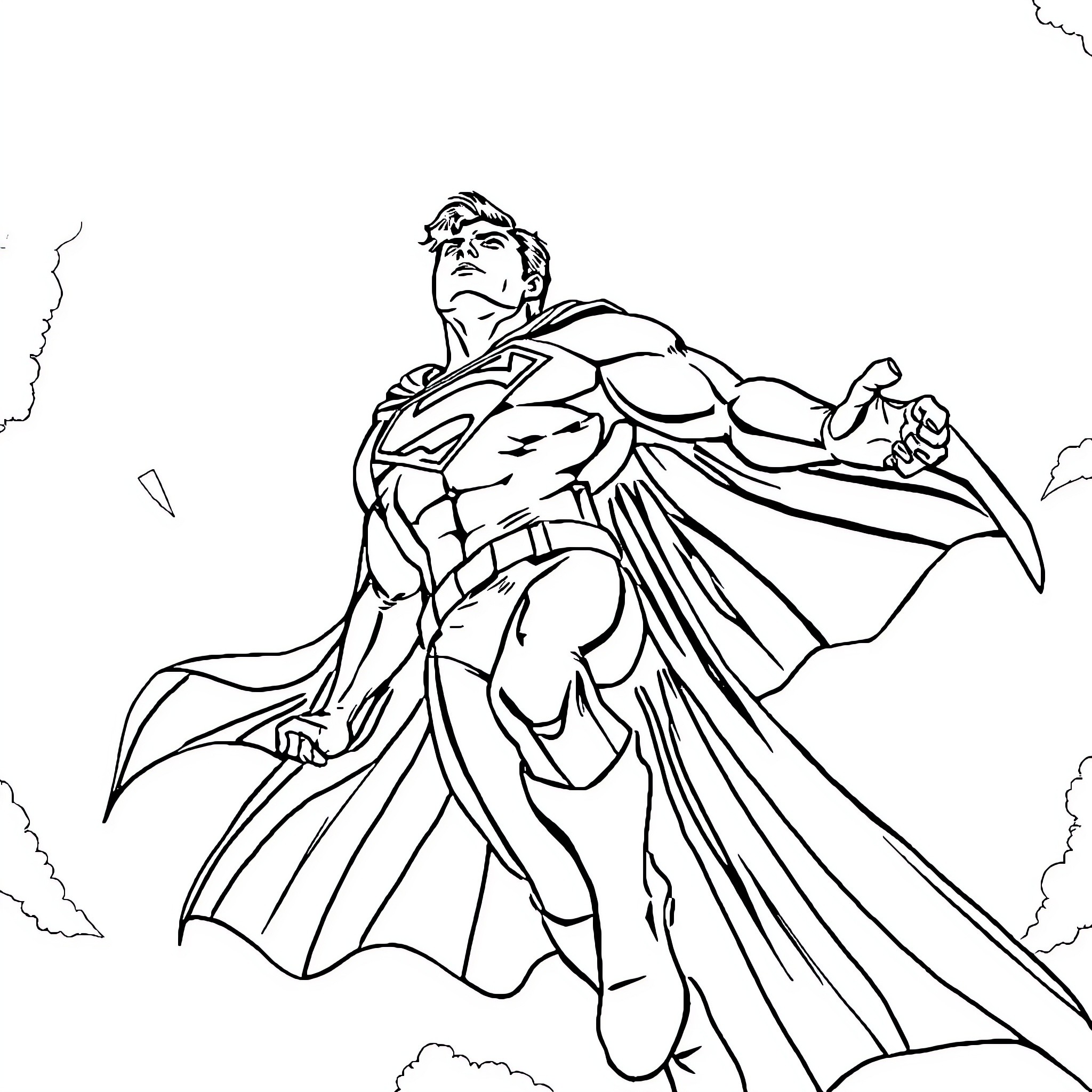 Superman flying heroically through the sky Coloring Page (free black-and-white line drawing printable PDF for all, from beginners to advanced learners, including children, teens, adults, and seniors)