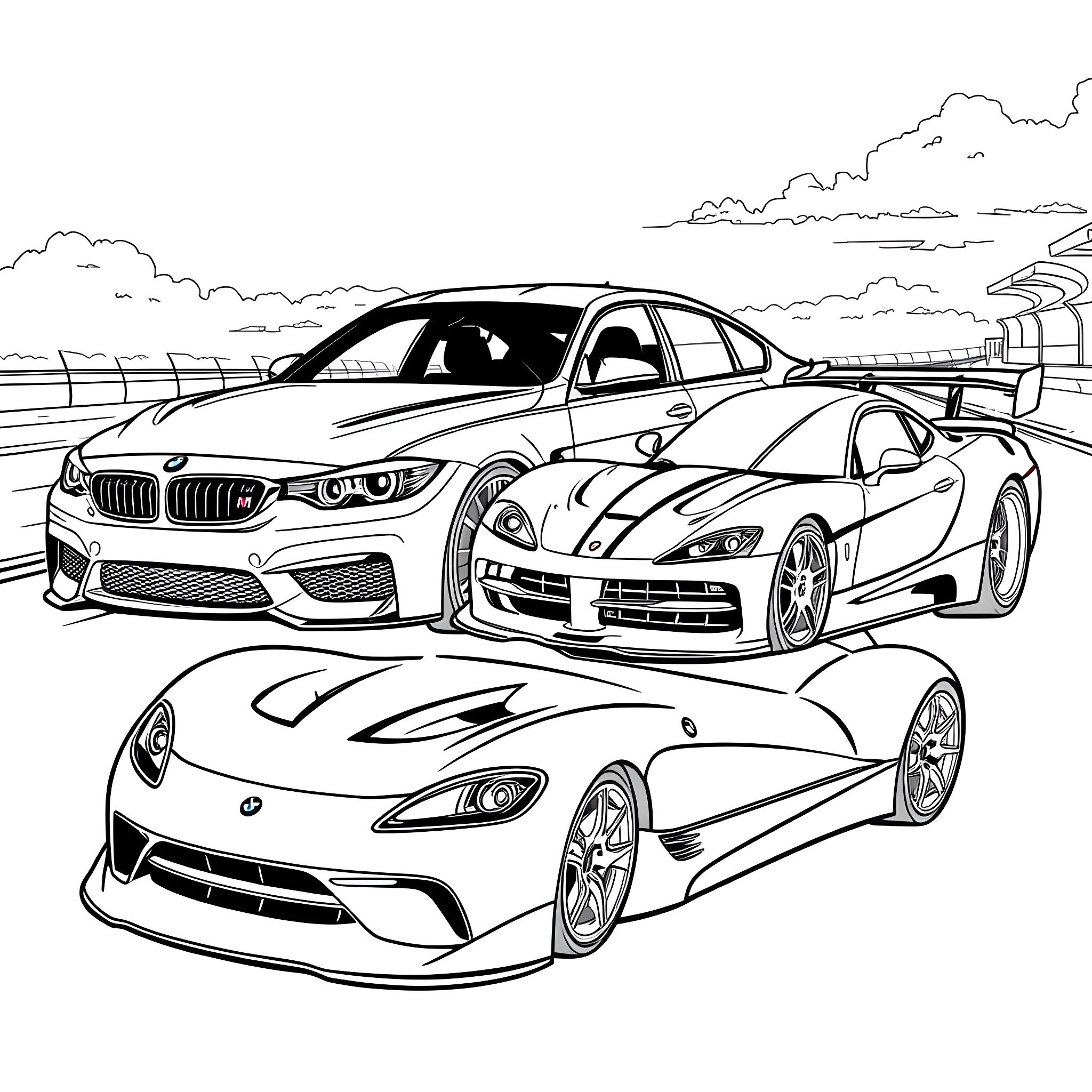Cars racing on the track Coloring Page (free black-and-white line drawing printable PDF for all, from beginners to advanced learners, including children, teens, adults, and seniors)
