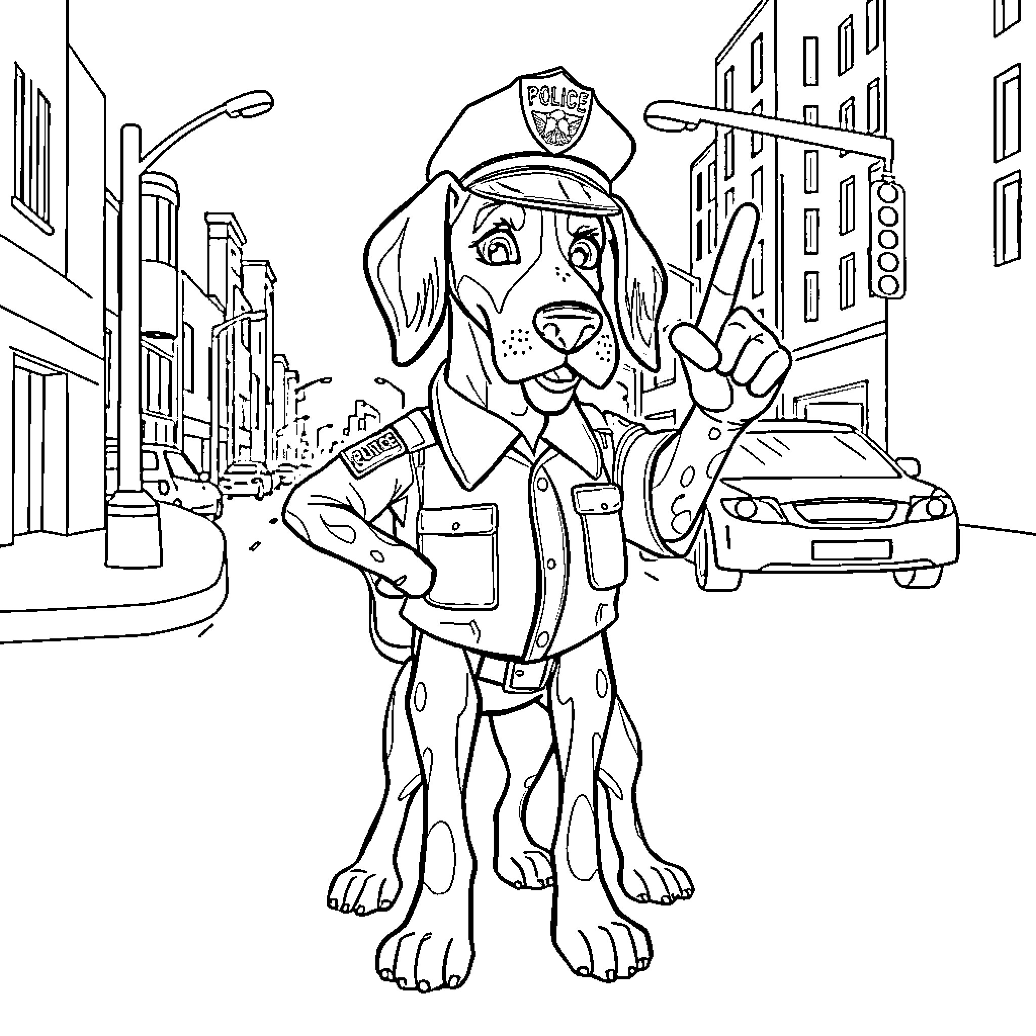 Blue Tick Hound police officer on duty Coloring Page (free black-and-white line drawing printable PDF for all, from beginners to advanced learners, including children, teens, adults, and seniors)