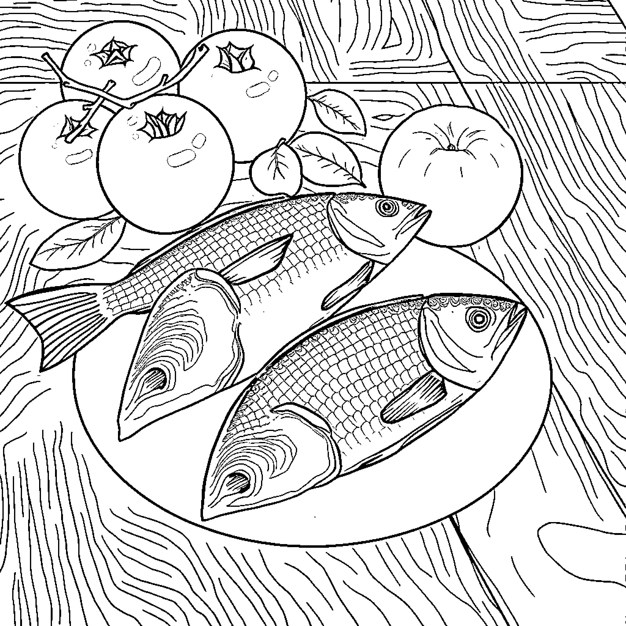 Apple Bounty: Fish and Fruit on Wooden Surface Coloring Page (free black-and-white line drawing printable PDF for all, from beginners to advanced learners, including children, teens, adults, and seniors)