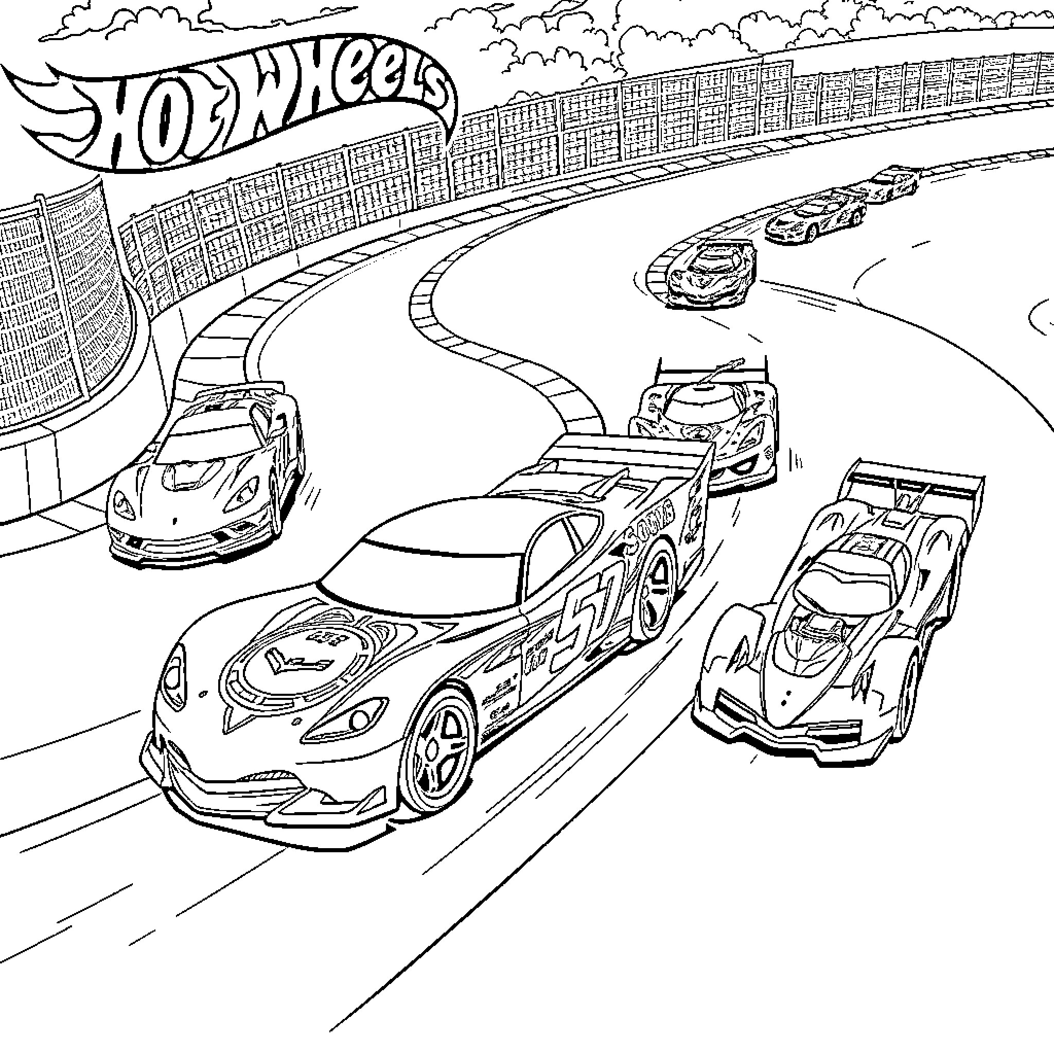Car Racing on Hot Wheels Speedway Coloring Page (free black-and-white line drawing printable PDF for all, from beginners to advanced learners, including children, teens, adults, and seniors)