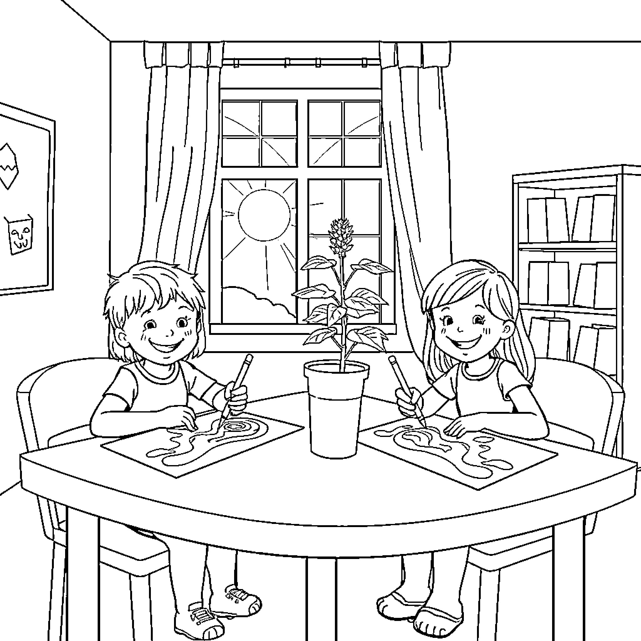 Kind Children Coloring Together Indoors Coloring Page (free black-and-white line drawing printable PDF for all, from beginners to advanced learners, including children, teens, adults, and seniors)