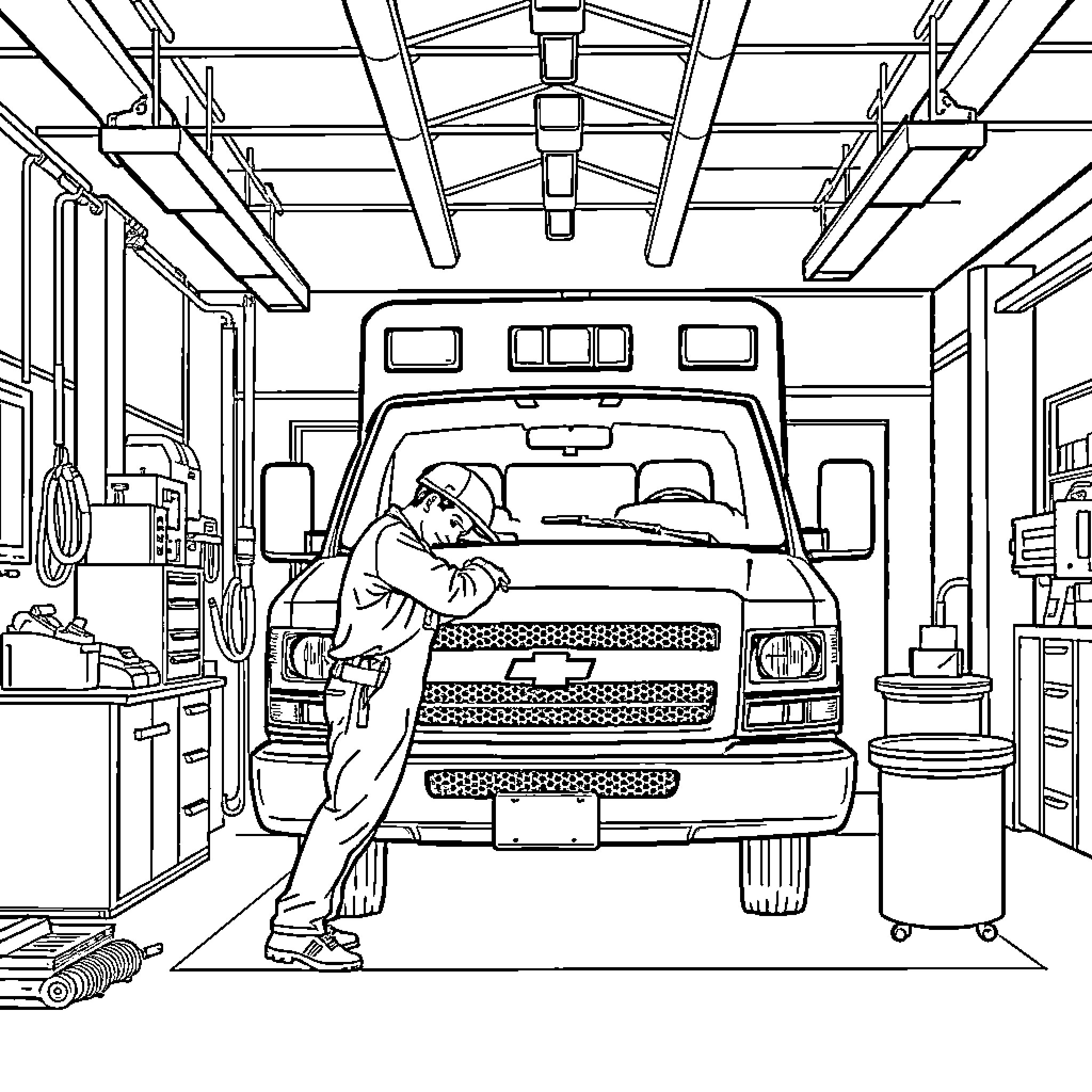 Mechanic Inspecting and Repairing Truck in Garage Coloring Page (free black-and-white line drawing printable PDF for all, from beginners to advanced learners, including children, teens, adults, and seniors)
