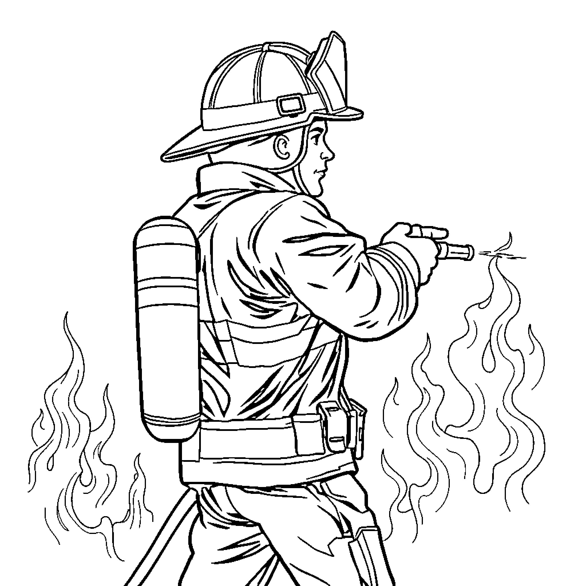 Firefighter spraying water to extinguish flames Coloring Page (free black-and-white line drawing printable PDF for all, from beginners to advanced learners, including children, teens, adults, and seniors)