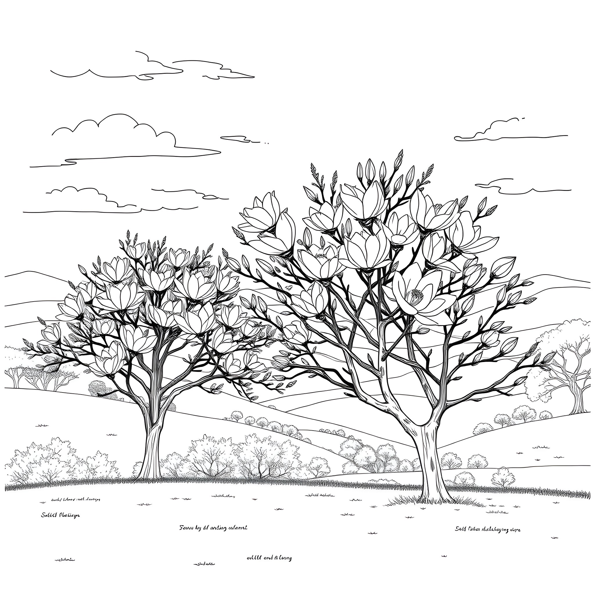 Magnolia Trees Blooming in the Countryside Coloring Page (free black-and-white line drawing printable PDF for all, from beginners to advanced learners, including children, teens, adults, and seniors)
