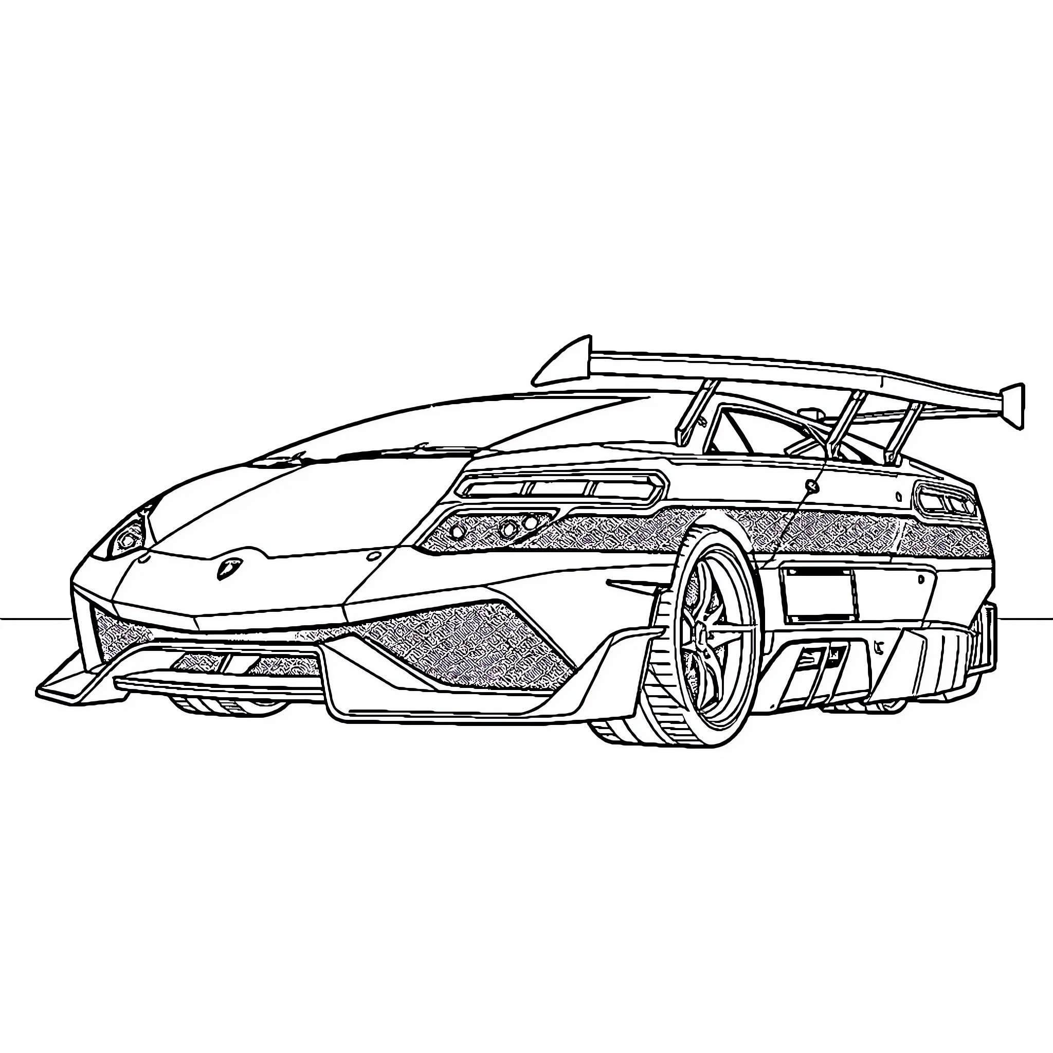 Lamborghini supercar with racing modifications Coloring Page (free black-and-white line drawing printable PDF for all, from beginners to advanced learners, including children, teens, adults, and seniors)