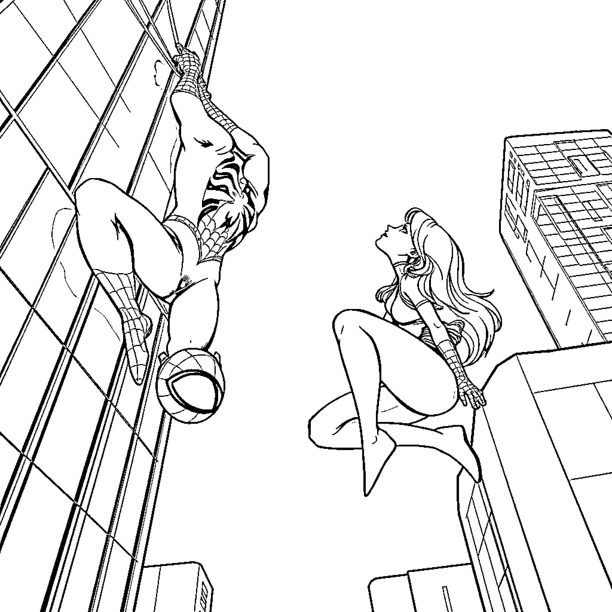 Spiderman swinging through the city with a female superhero Coloring Page (free black-and-white line drawing printable PDF for all, from beginners to advanced learners, including children, teens, adults, and seniors)