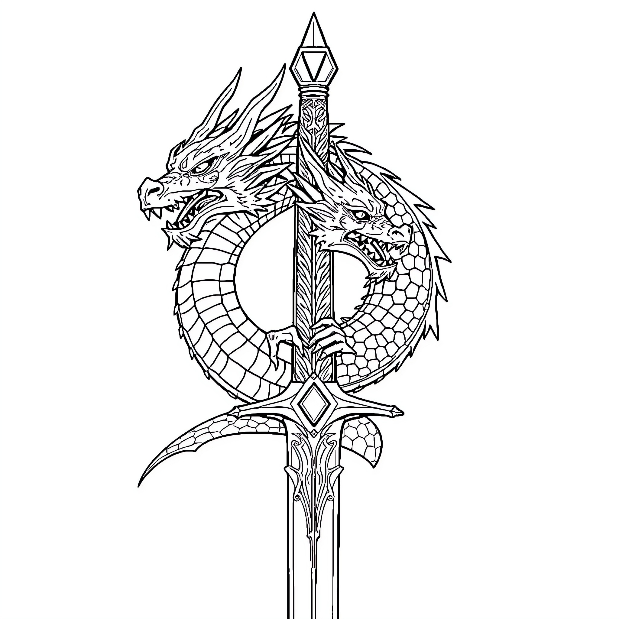 Sword-wielding dragon entwined with mystical elements Coloring Page (free black-and-white line drawing printable PDF for all, from beginners to advanced learners, including children, teens, adults, and seniors)