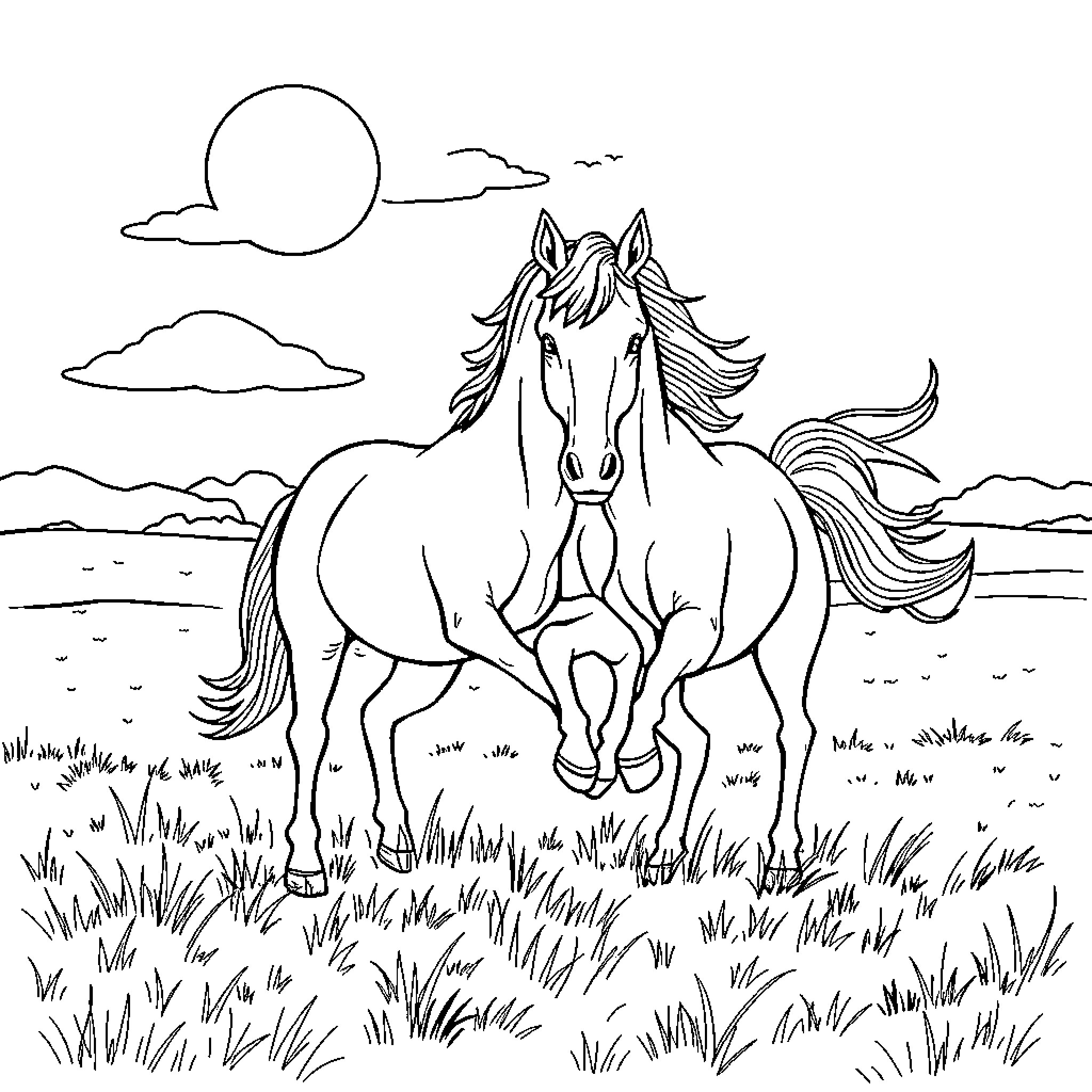 Horse galloping through a scenic landscape Coloring Page (free black-and-white line drawing printable PDF for all, from beginners to advanced learners, including children, teens, adults, and seniors)