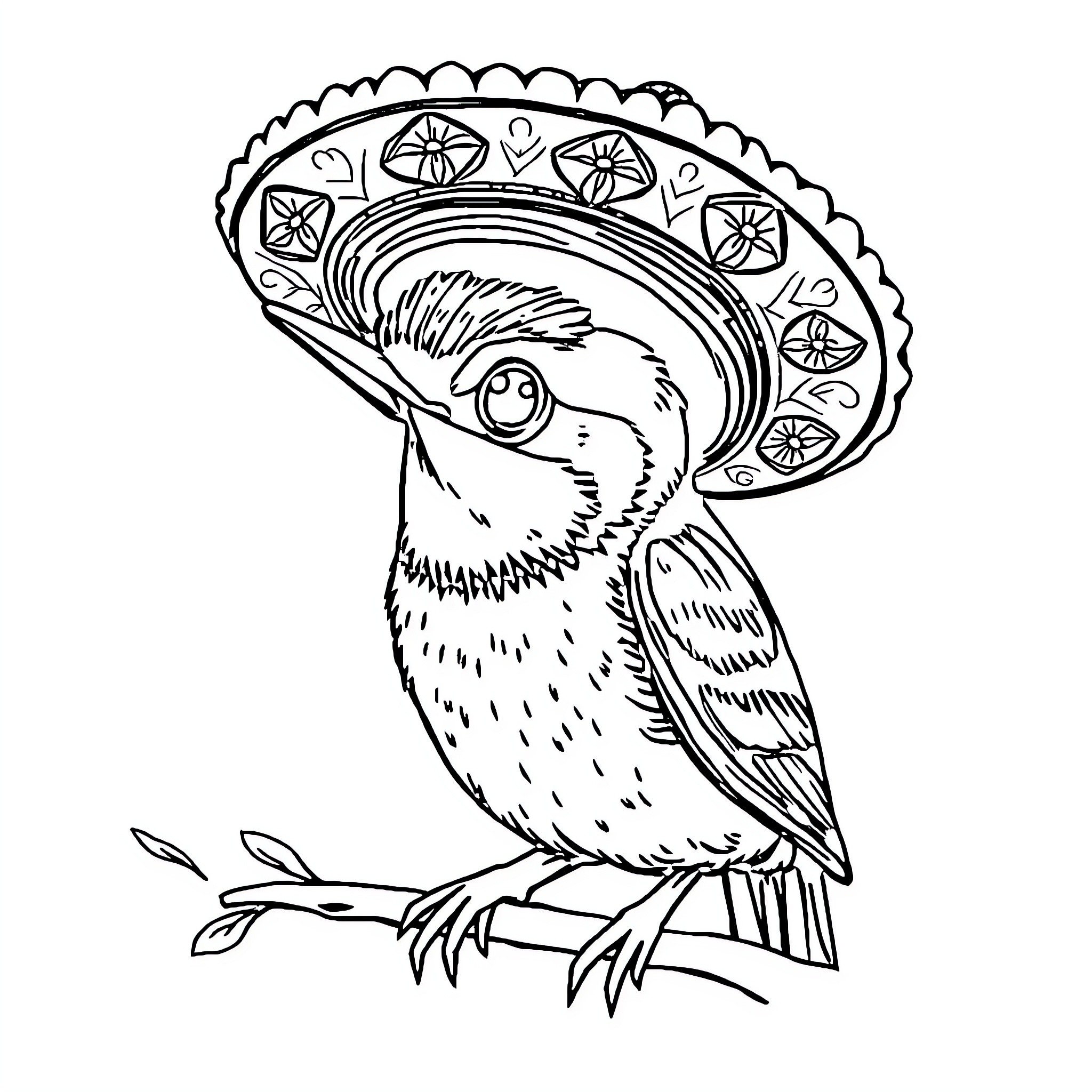 Mouse wearing ornate sombrero hat Coloring Page (free black-and-white line drawing printable PDF for all, from beginners to advanced learners, including children, teens, adults, and seniors)