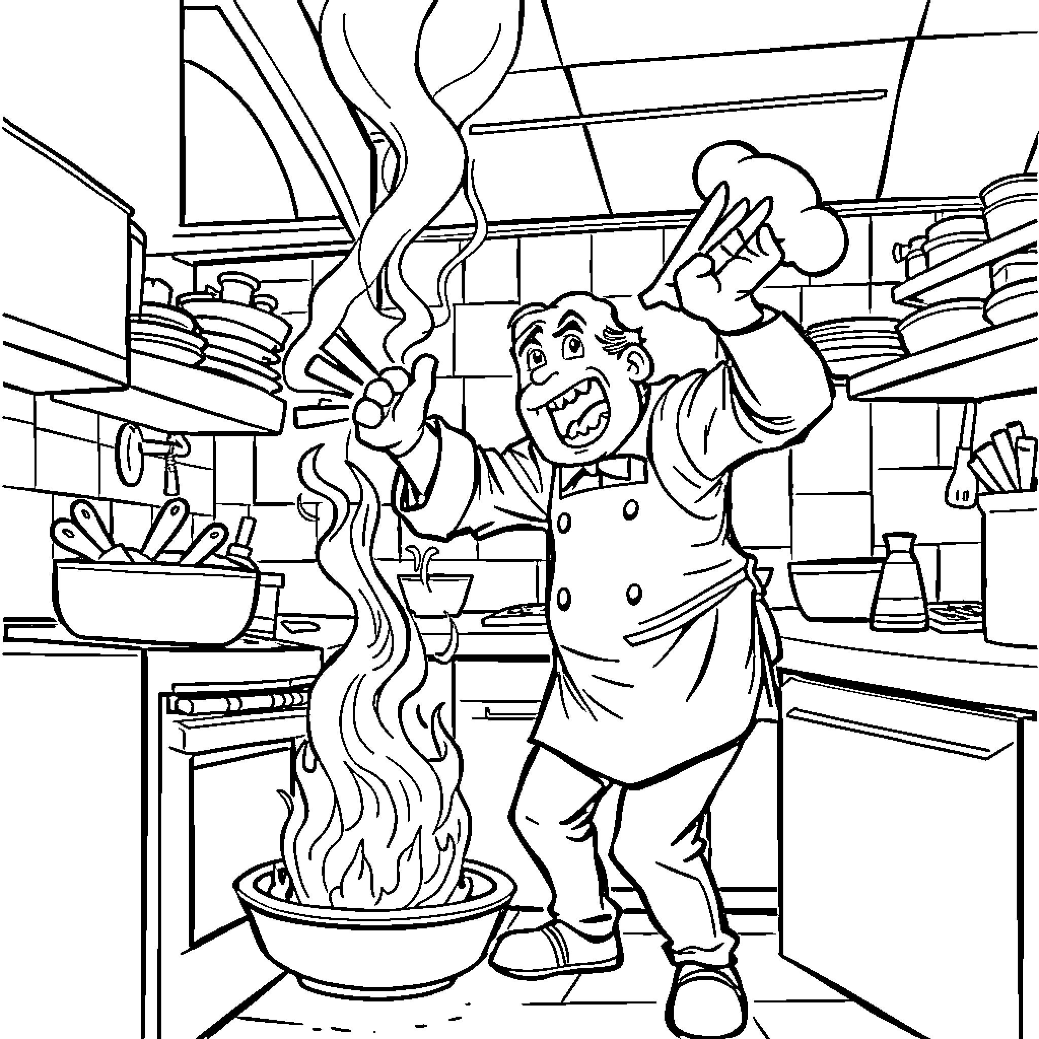Chef excited in the kitchen with food preparation Coloring Page (free black-and-white line drawing printable PDF for all, from beginners to advanced learners, including children, teens, adults, and seniors)