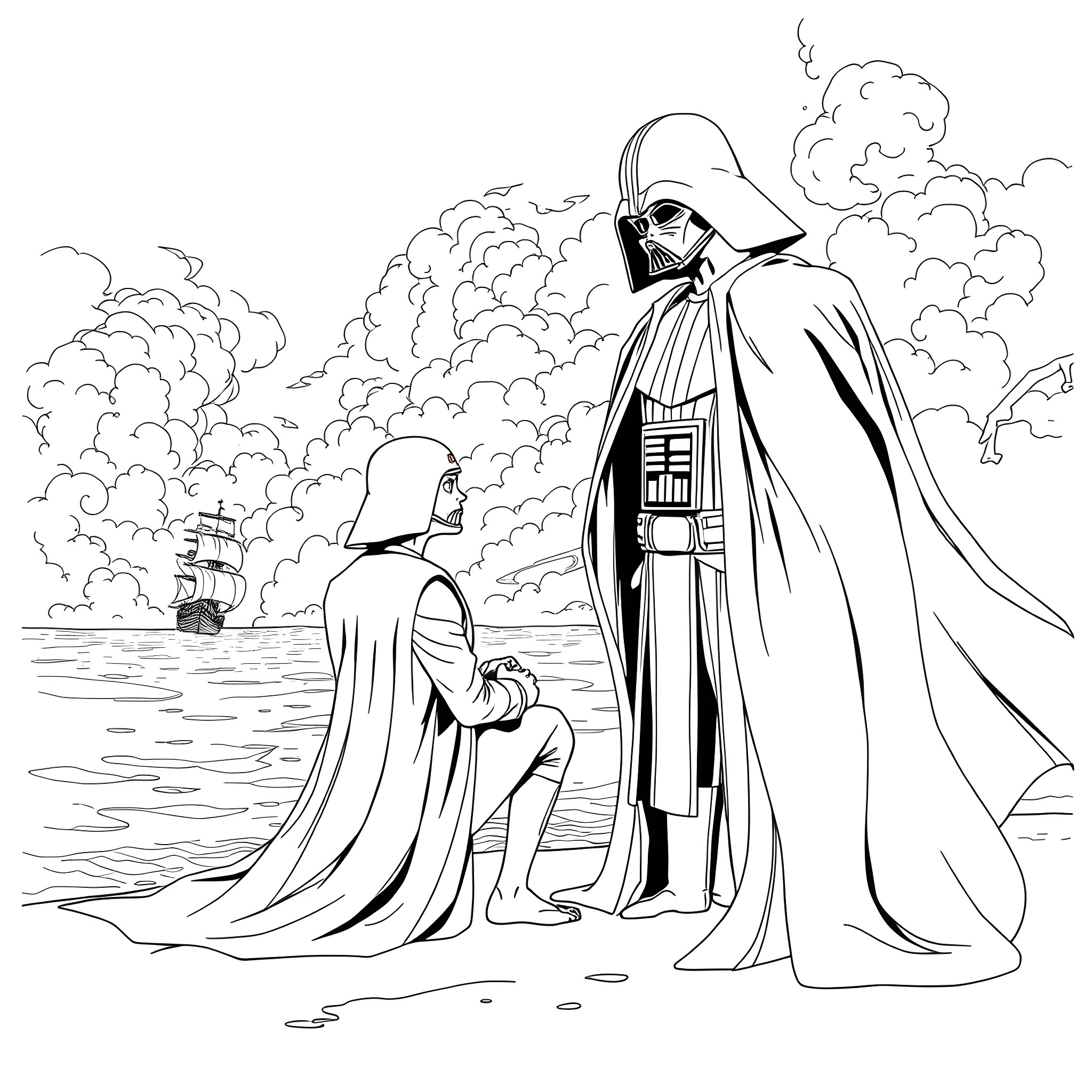 Darth Vader's imposing presence and Sith apprentice in a dramatic scene Coloring Page (free black-and-white line drawing printable PDF for all, from beginners to advanced learners, including children, teens, adults, and seniors)