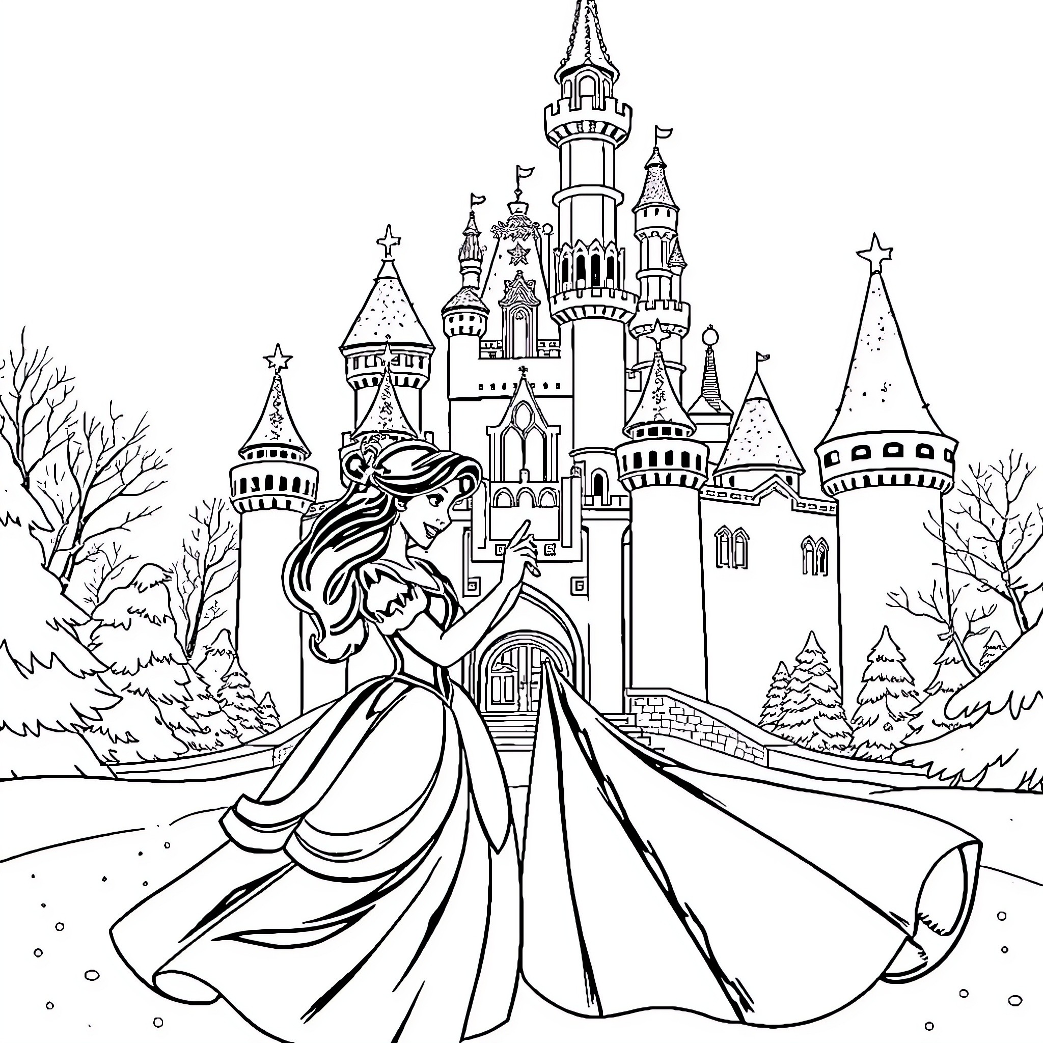 Beauty And The Beast Magical Castle Fairytale Scene Coloring Page (free black-and-white line drawing printable PDF for all, from beginners to advanced learners, including children, teens, adults, and seniors)