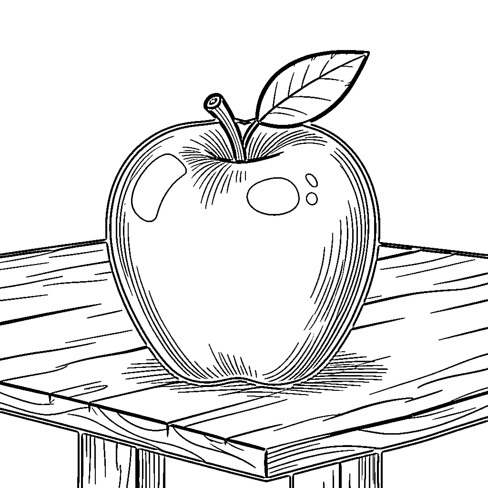 Apple sitting quietly on a wooden table Coloring Page (free black-and-white line drawing printable PDF for all, from beginners to advanced learners, including children, teens, adults, and seniors)