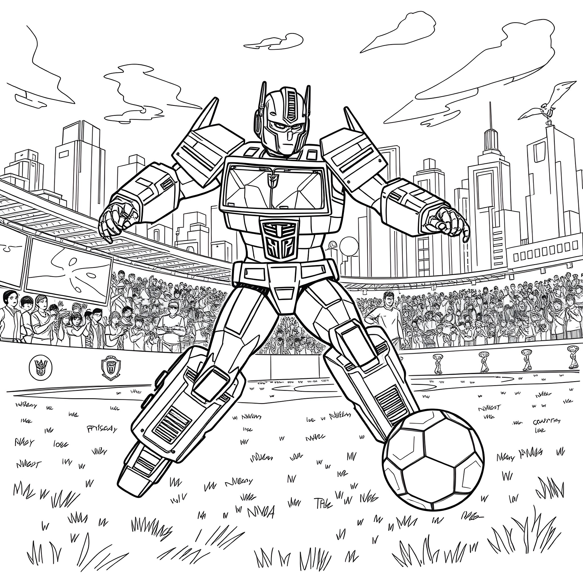 Optimus Prime playing soccer in the city Coloring Page (free black-and-white line drawing printable PDF for all, from beginners to advanced learners, including children, teens, adults, and seniors)