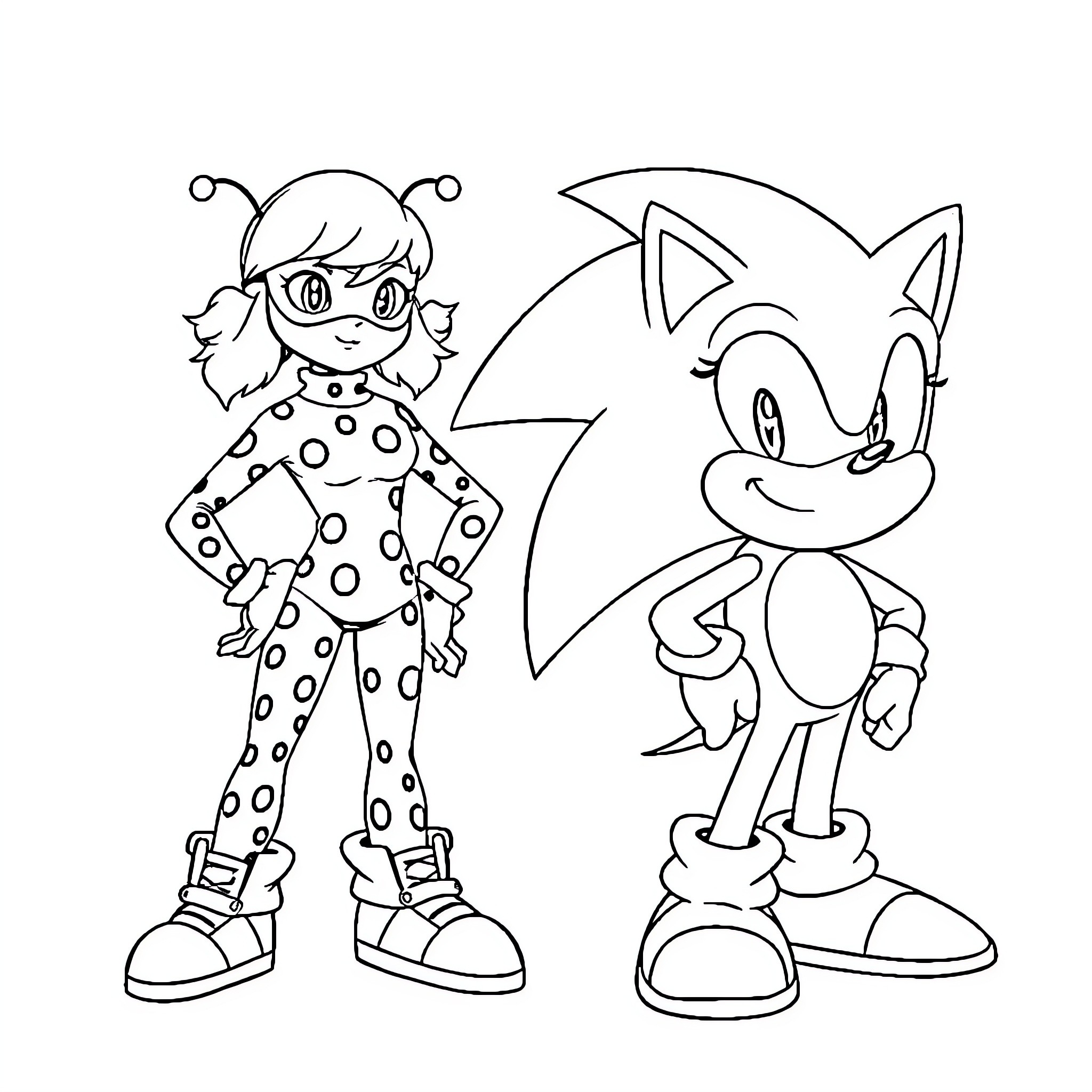 Ladybug girl and Sonic the Hedgehog character Coloring Page (free black-and-white line drawing printable PDF for all, from beginners to advanced learners, including children, teens, adults, and seniors)