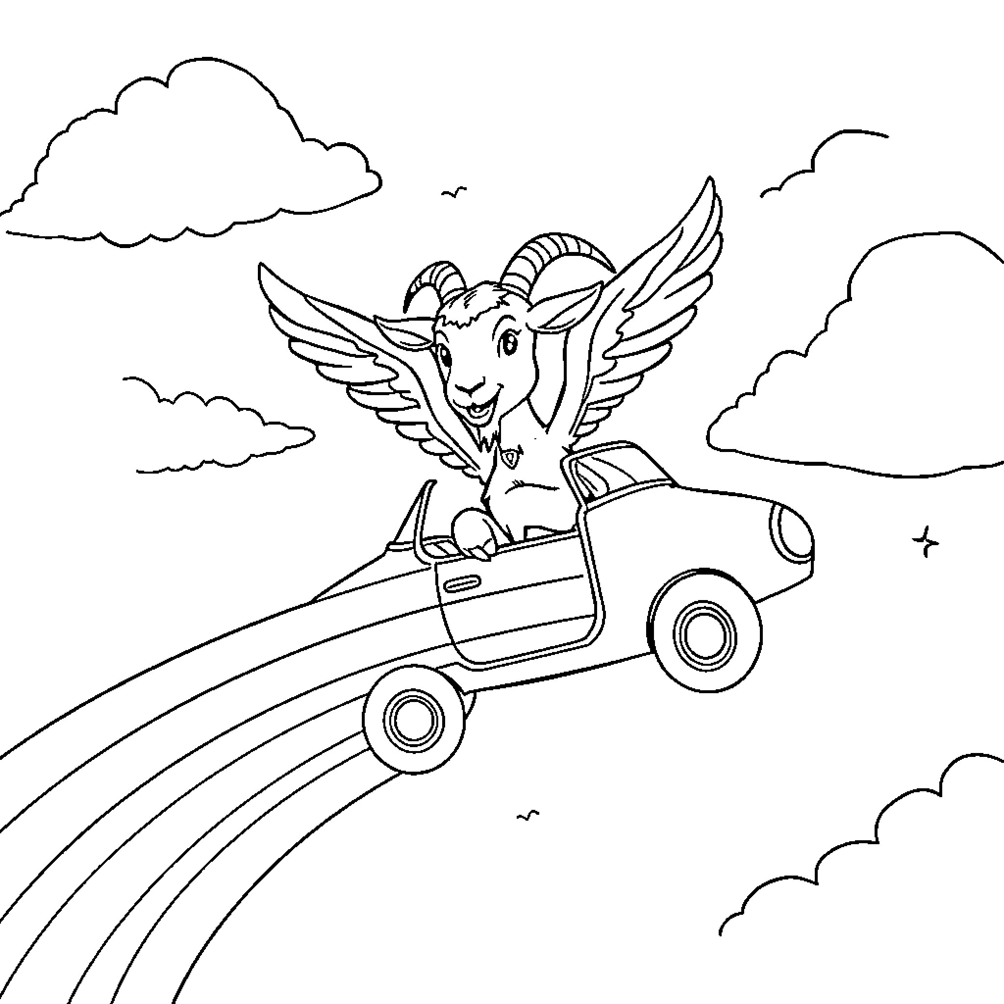 Flying Goat Soaring in Whimsical Vehicle Coloring Page (free black-and-white line drawing printable PDF for all, from beginners to advanced learners, including children, teens, adults, and seniors)