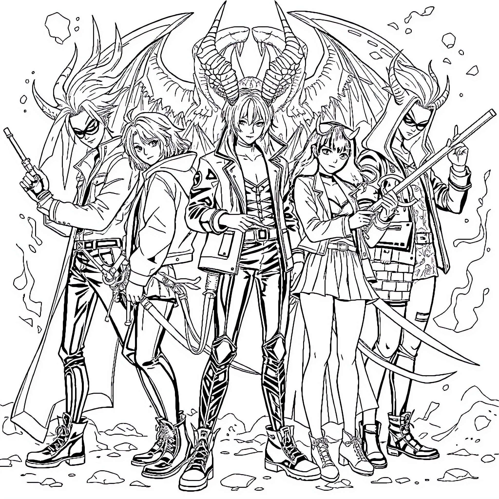 Kpop Demon Hunter Team Battling Fierce Enemies Coloring Page (free black-and-white line drawing printable PDF for all, from beginners to advanced learners, including children, teens, adults, and seniors)