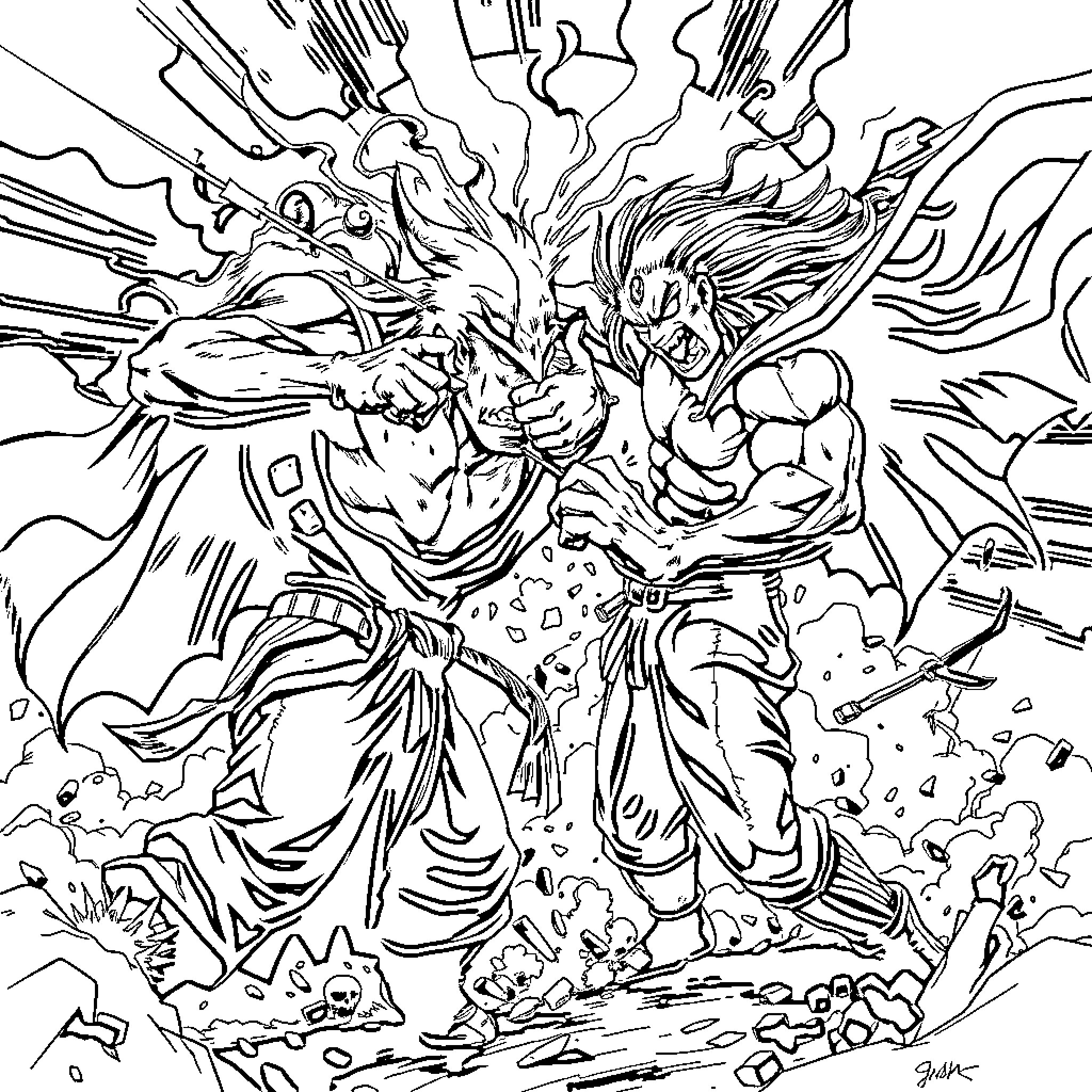 Combat of Powerful Warrior Figures in Intense Action Coloring Page (free black-and-white line drawing printable PDF for all, from beginners to advanced learners, including children, teens, adults, and seniors)