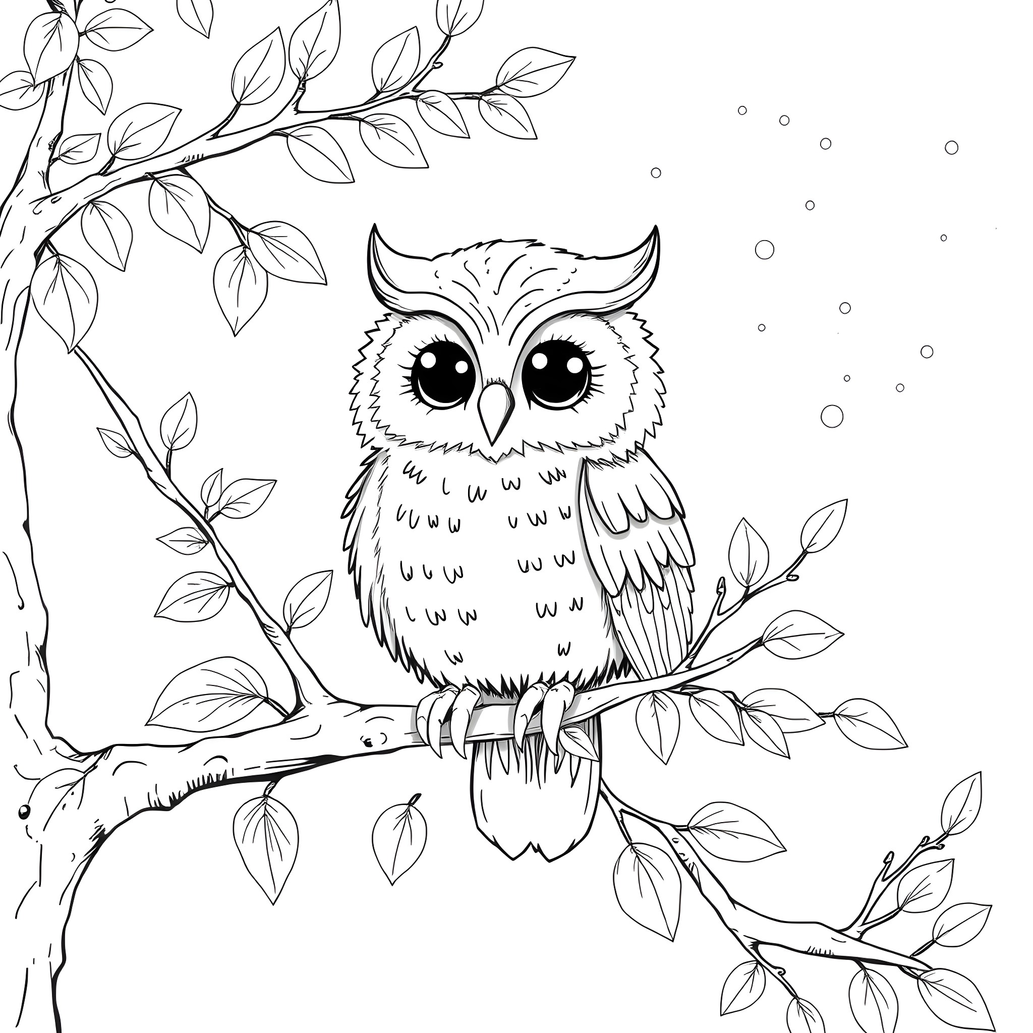 Owl Perched on a Leafy Branch Coloring Page (free black-and-white line drawing printable PDF for all, from beginners to advanced learners, including children, teens, adults, and seniors)