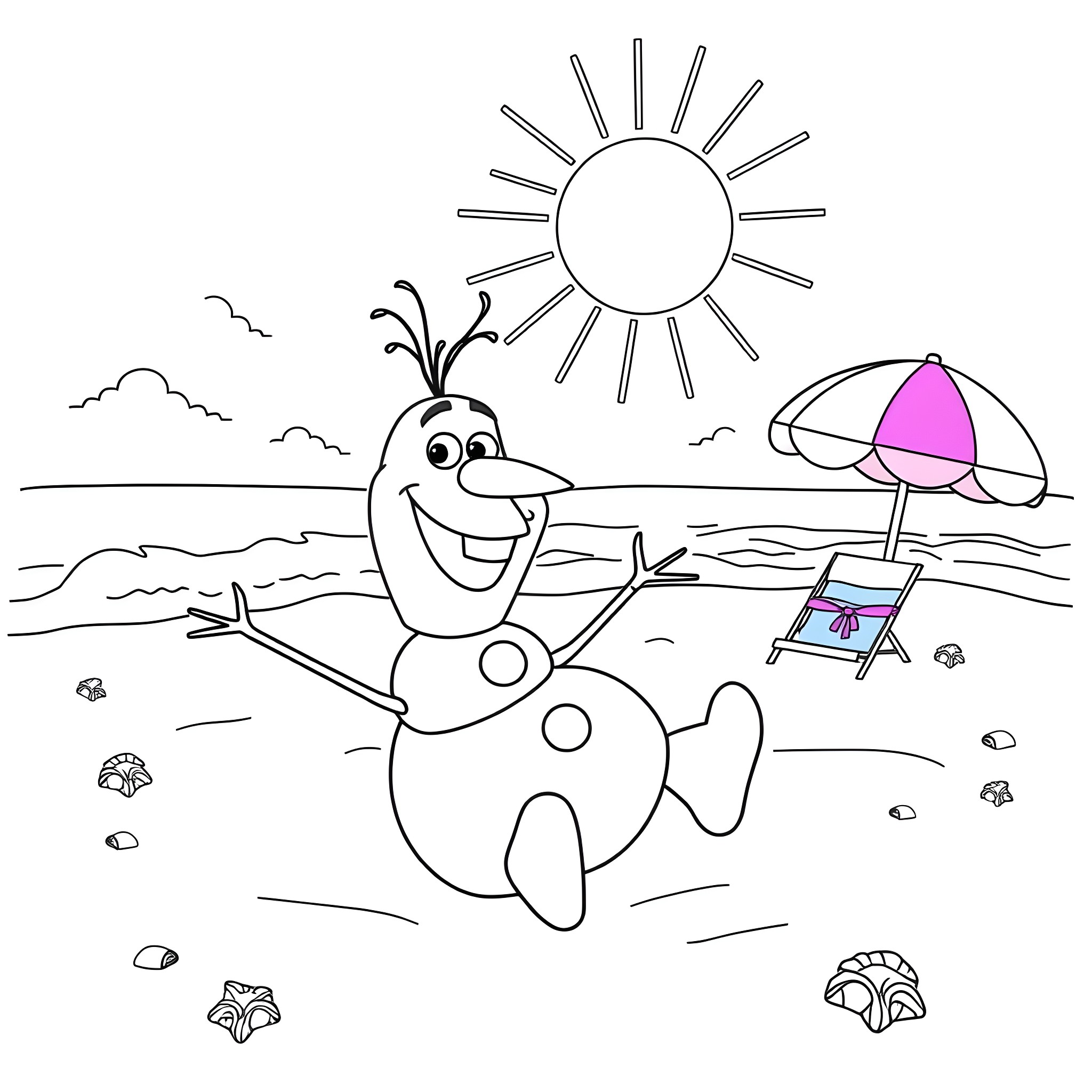 Olaf enjoying a sunny beach day Coloring Page (free black-and-white line drawing printable PDF for all, from beginners to advanced learners, including children, teens, adults, and seniors)