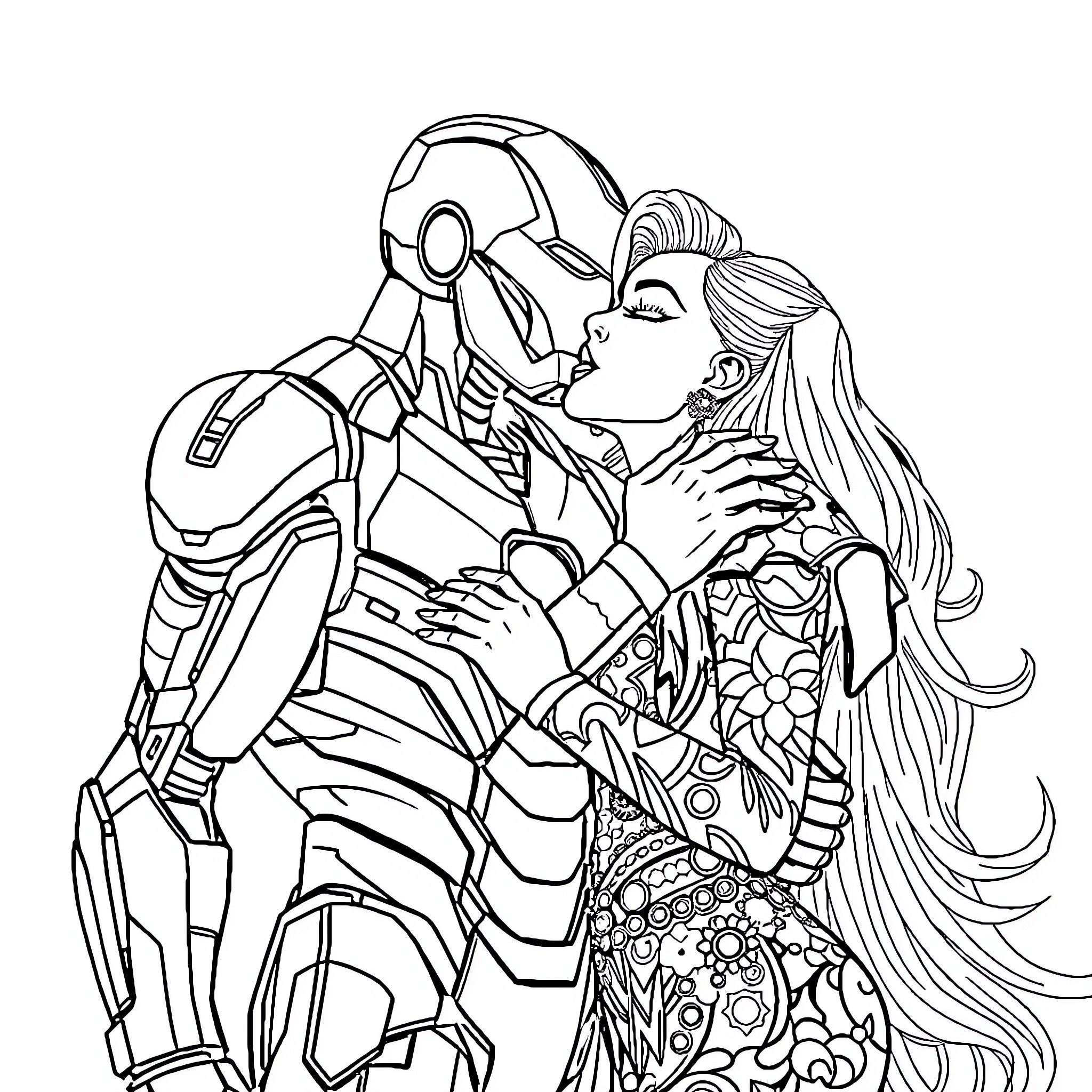 Ironman embracing a woman in a colorful outfit Coloring Page (free black-and-white line drawing printable PDF for all, from beginners to advanced learners, including children, teens, adults, and seniors)