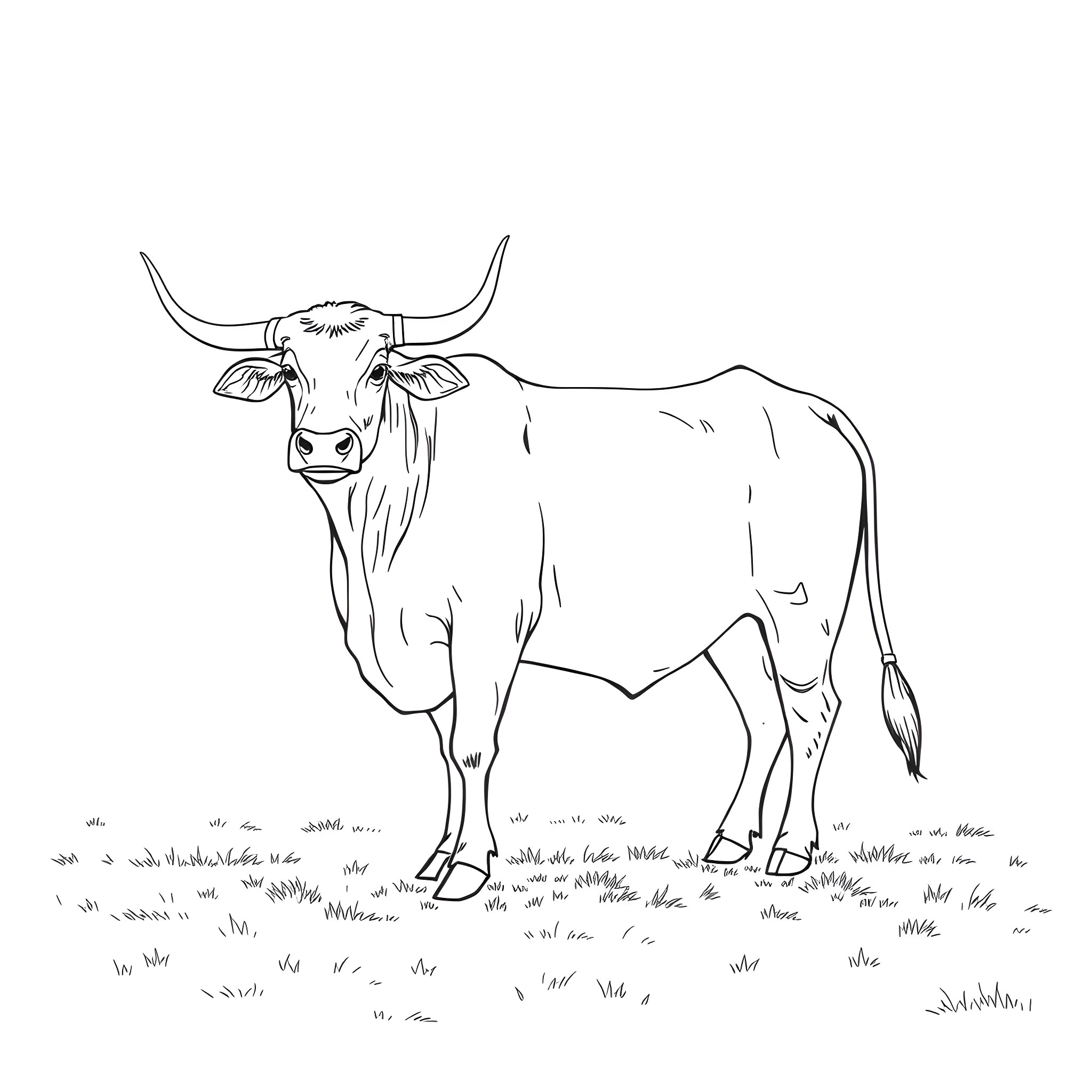 Ox standing in a grassy field Coloring Page (free black-and-white line drawing printable PDF for all, from beginners to advanced learners, including children, teens, adults, and seniors)