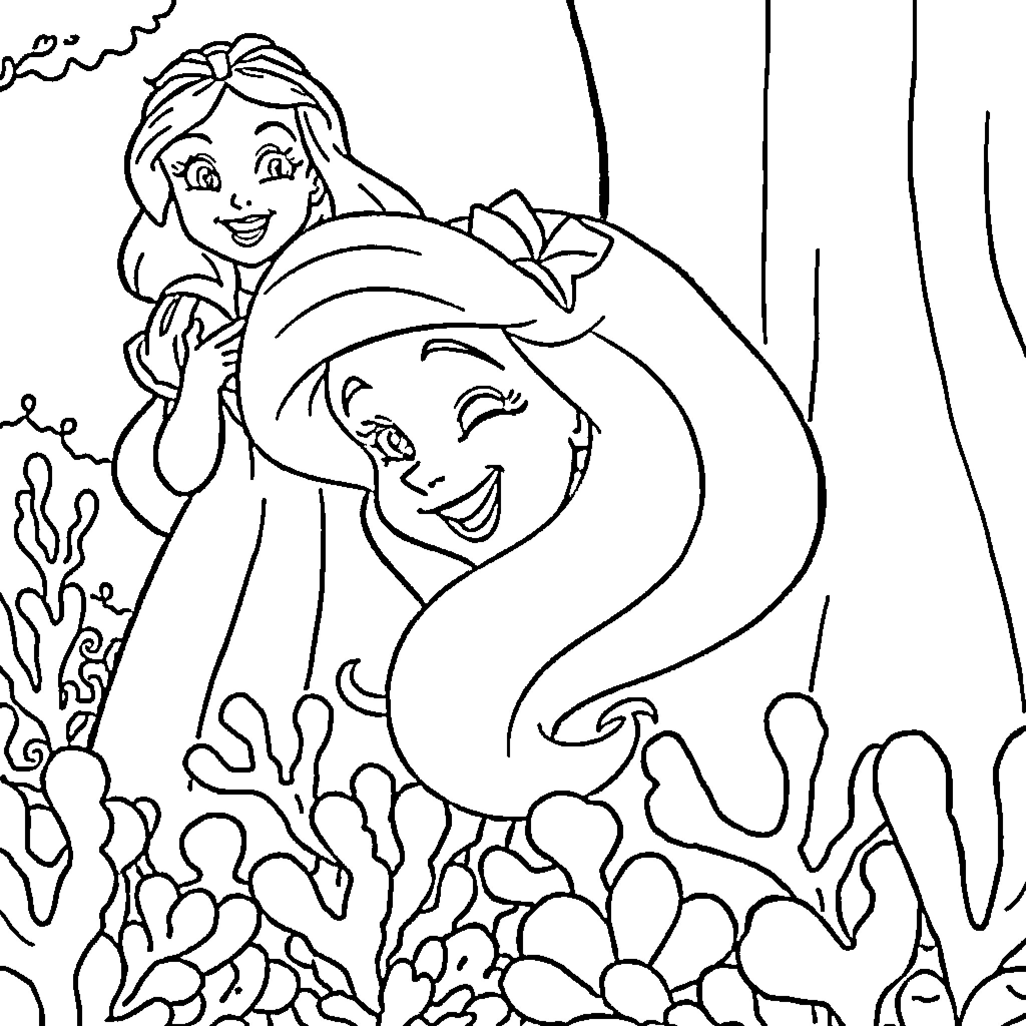 Ariel and Flounder exploring the underwater world Coloring Page (free black-and-white line drawing printable PDF for all, from beginners to advanced learners, including children, teens, adults, and seniors)