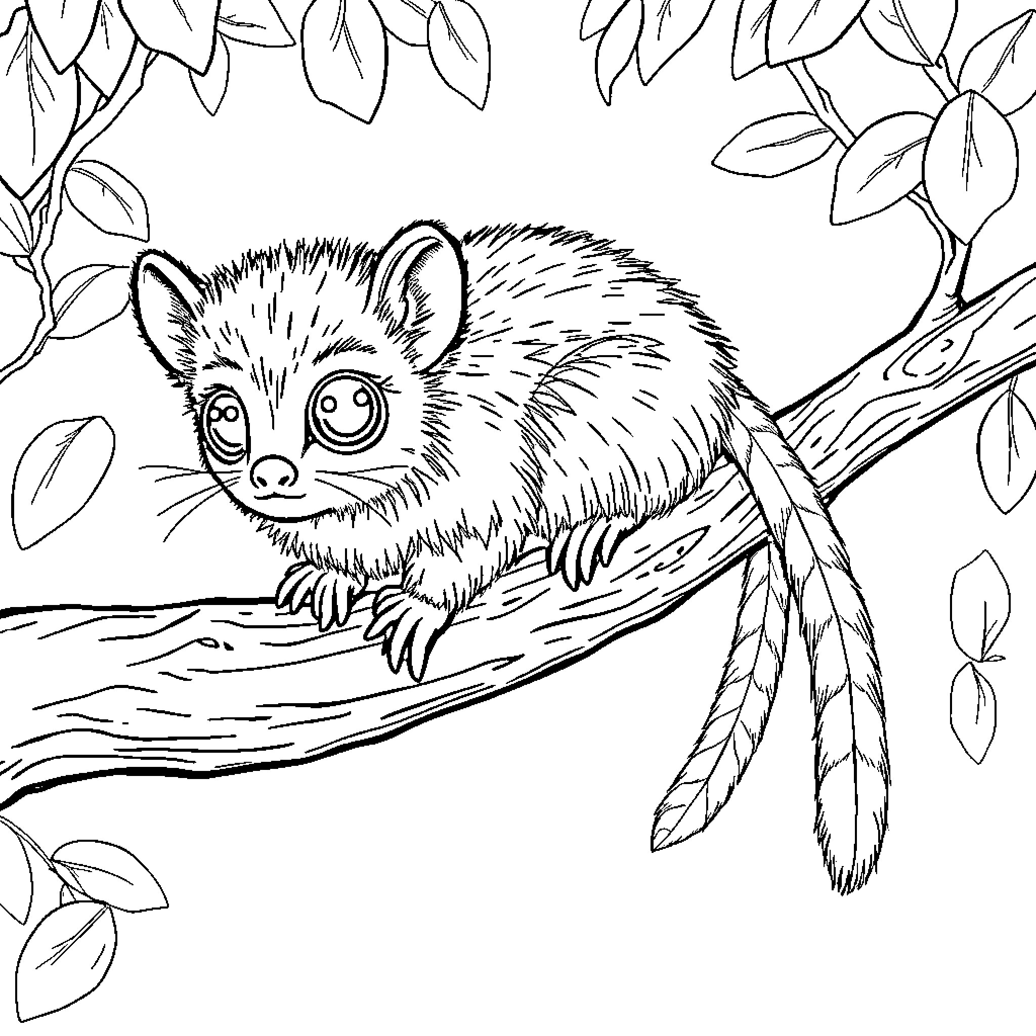 Cacomixtle exploring the forest Coloring Page (free black-and-white line drawing printable PDF for all, from beginners to advanced learners, including children, teens, adults, and seniors)