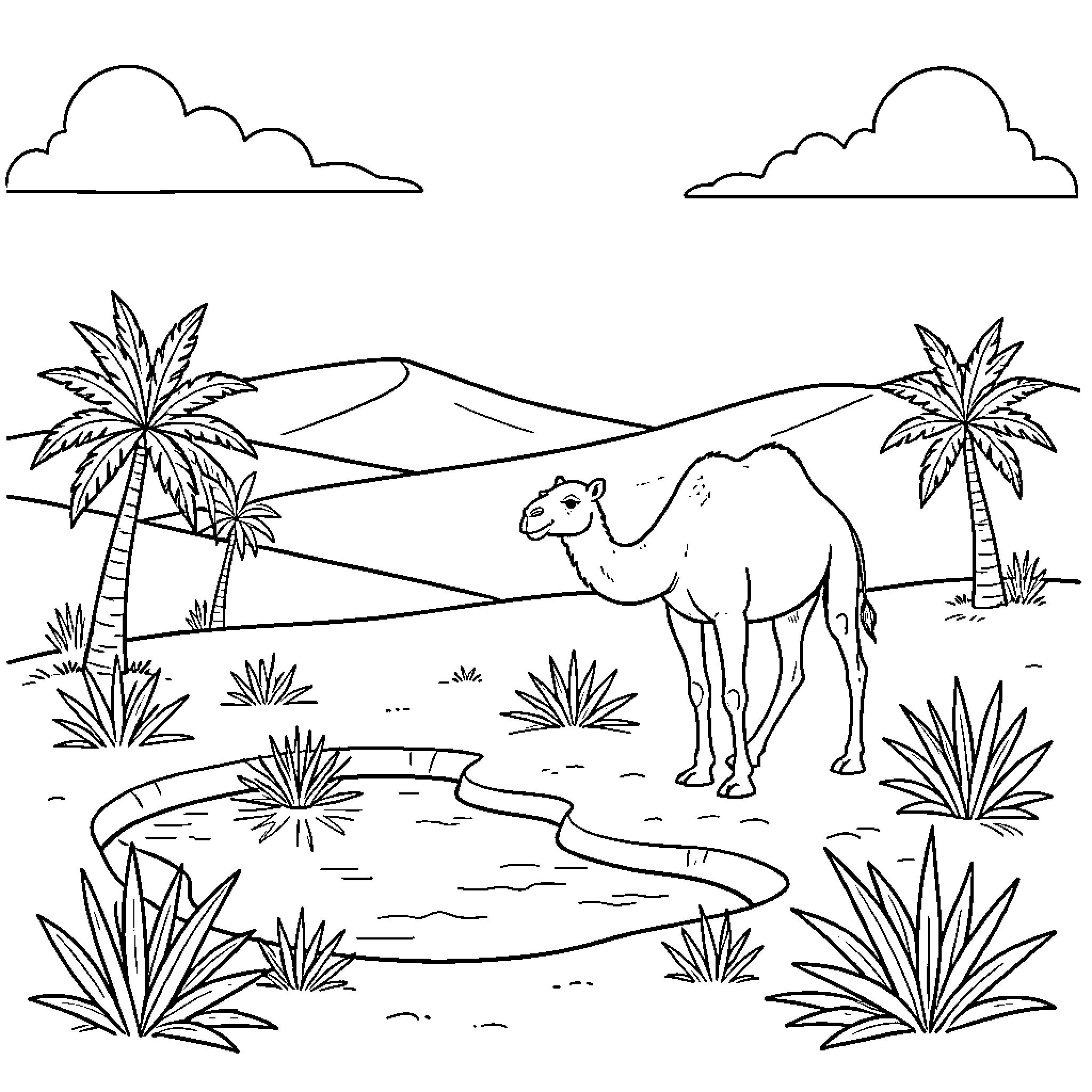 Camel standing near a water hole in the desert Coloring Page (free black-and-white line drawing printable PDF for all, from beginners to advanced learners, including children, teens, adults, and seniors)