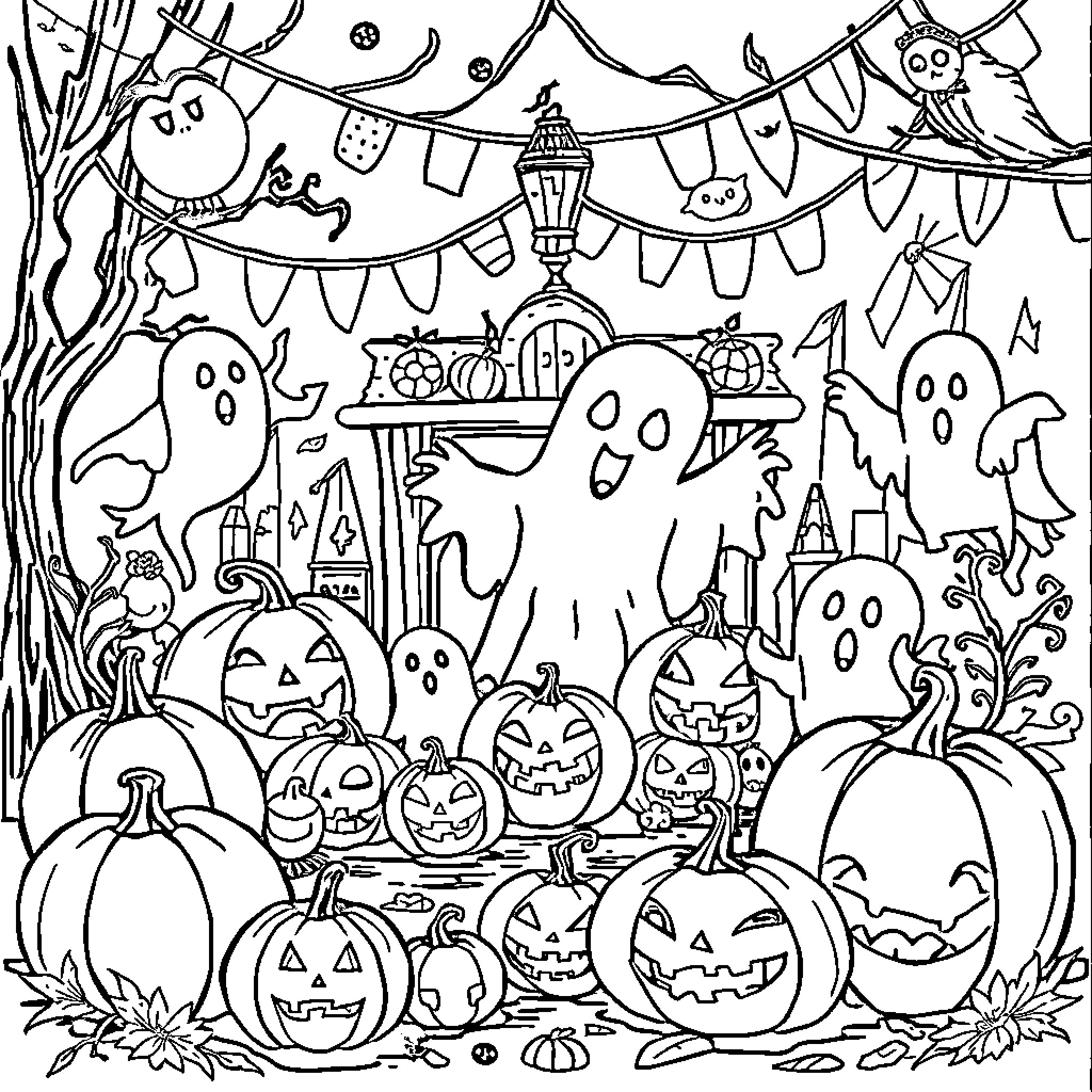 Halloween Elf Celebrates with Ghosts and Pumpkins Coloring Page (free black-and-white line drawing printable PDF for all, from beginners to advanced learners, including children, teens, adults, and seniors)