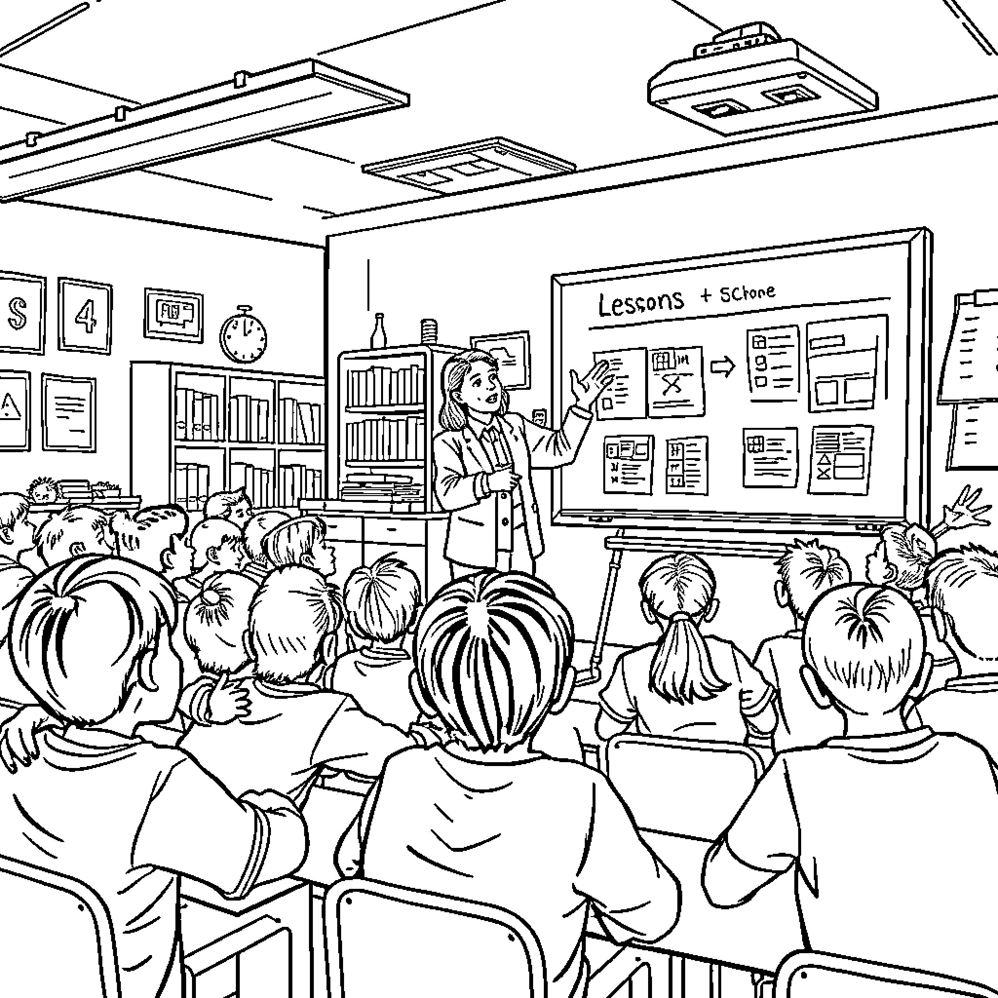Teacher Presenting Lesson to Attentive Students in Classroom Coloring Page (free black-and-white line drawing printable PDF for all, from beginners to advanced learners, including children, teens, adults, and seniors)