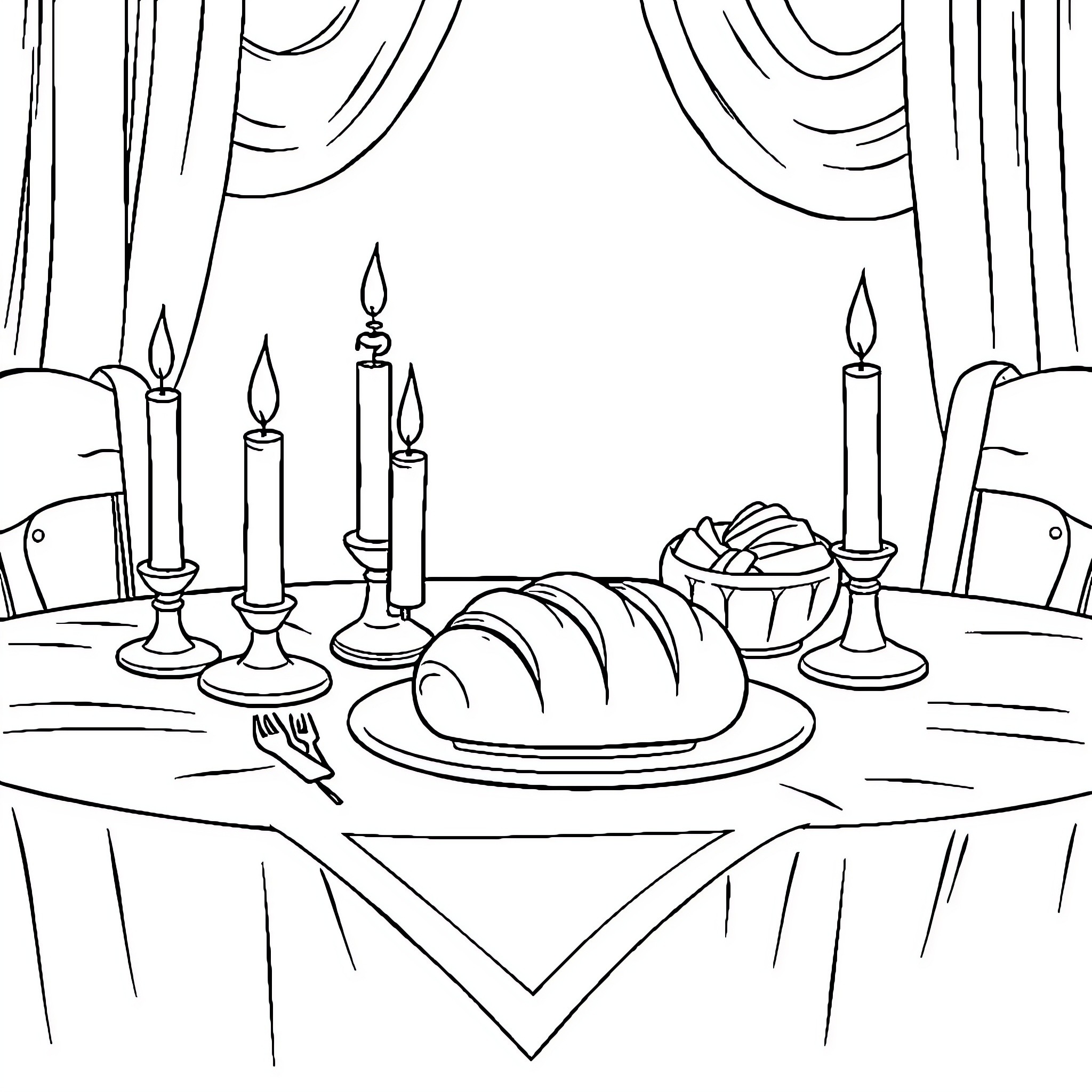 Shabbat meal with candlesticks and challah bread Coloring Page (free black-and-white line drawing printable PDF for all, from beginners to advanced learners, including children, teens, adults, and seniors)