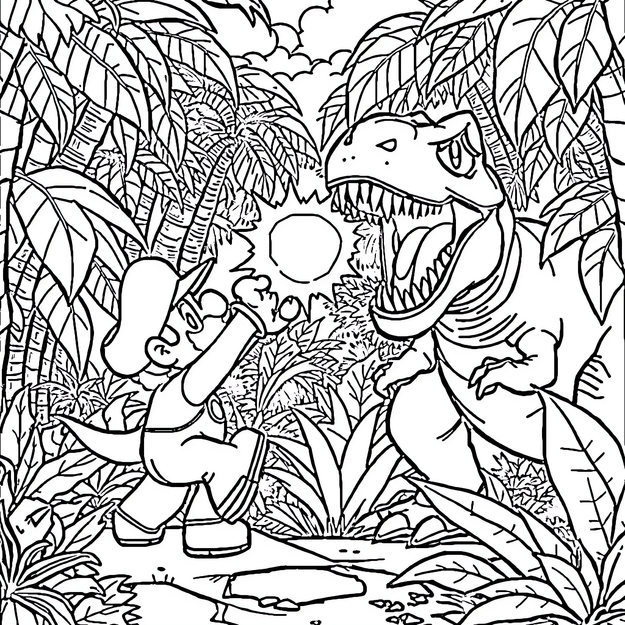 Mario in a Jurassic Adventure Coloring Page (free black-and-white line drawing printable PDF for all, from beginners to advanced learners, including children, teens, adults, and seniors)
